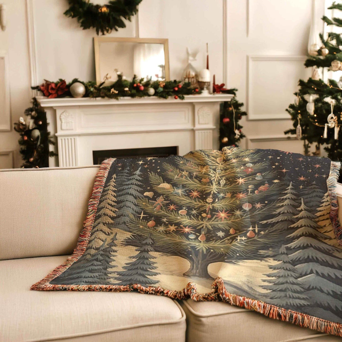 Christmas Tree Blanket - Cozy Woven Cotton Throw With Festive Fringed Edges - timelessbohochic.com