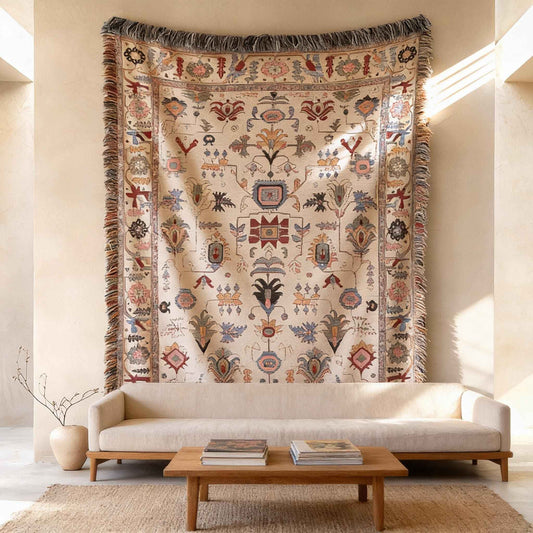 Caucasian Rug Inspired woven wall tapestry with geometric pattern styled as textile wall decor