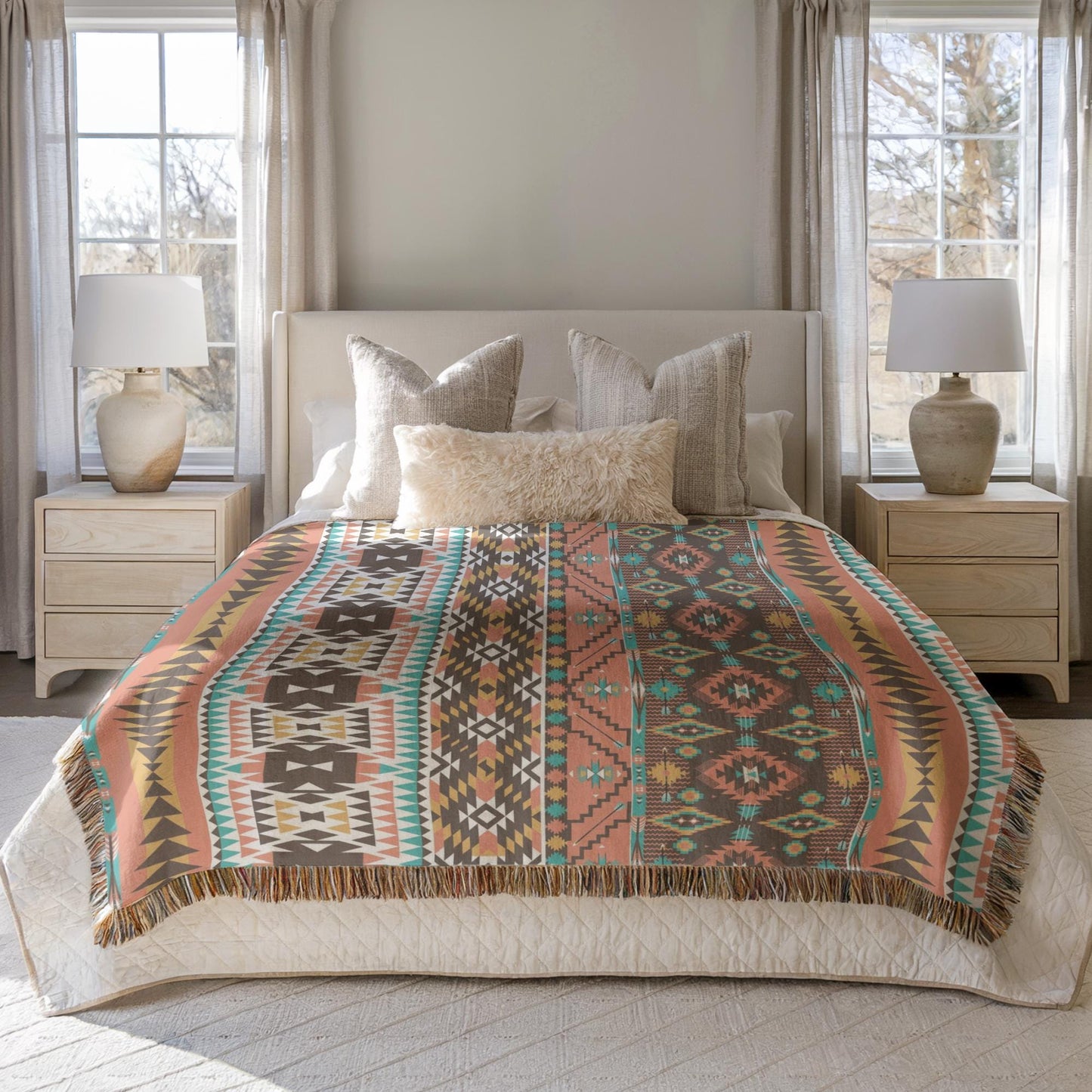 a well-decorated bedroom with a large bed, a colorful patterned blanket, and two nightstands with lamps.