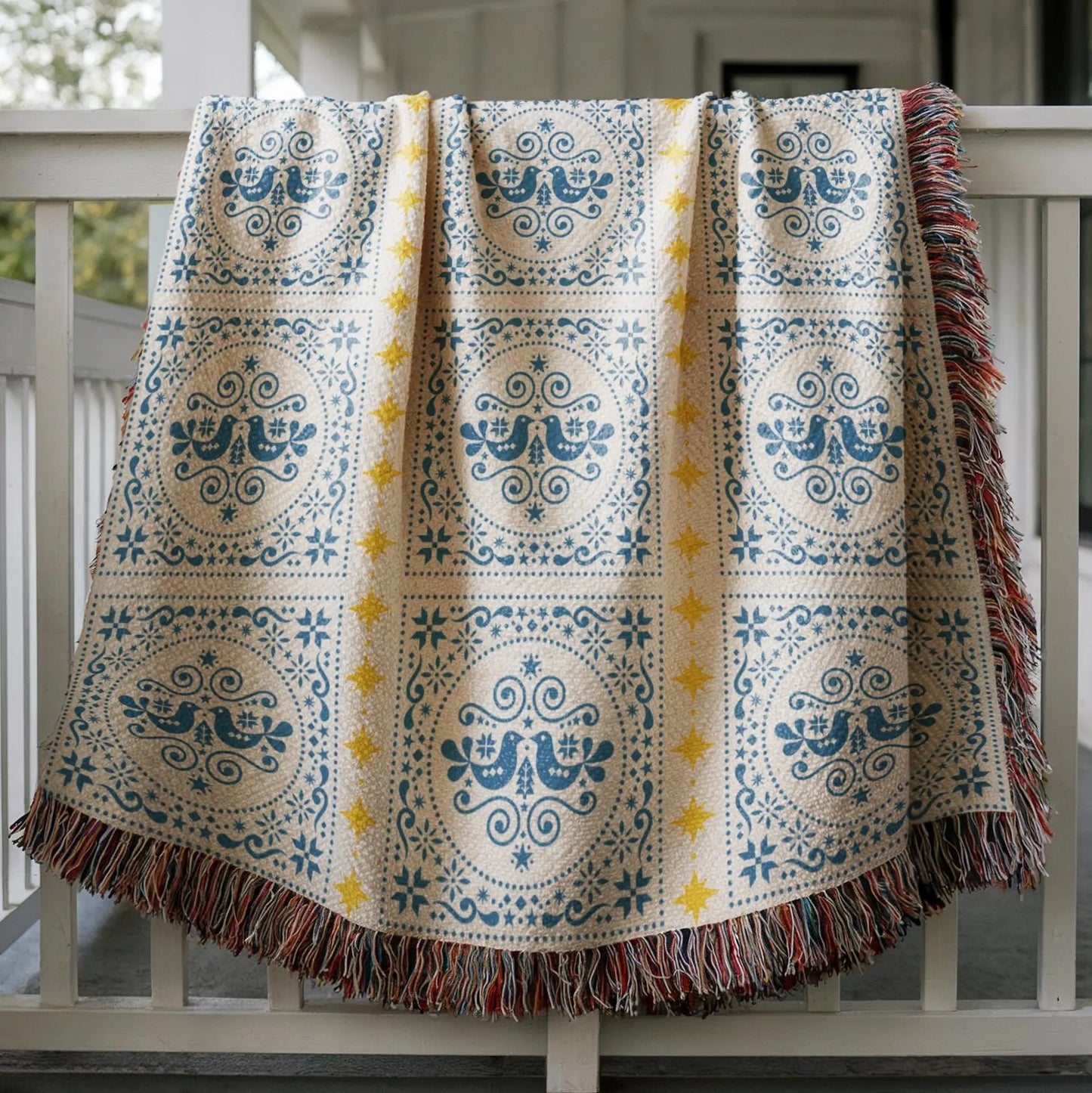 Cotton Woven Blanket | Scandinavian Throw With Colorful Fringed Edges