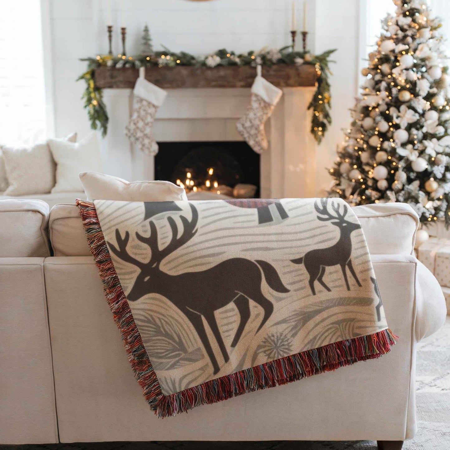 Holiday Couch Cover - Cozy Cotton Throw with Reindeer Blanket | Winter Forest Decor - timelessbohochic.com