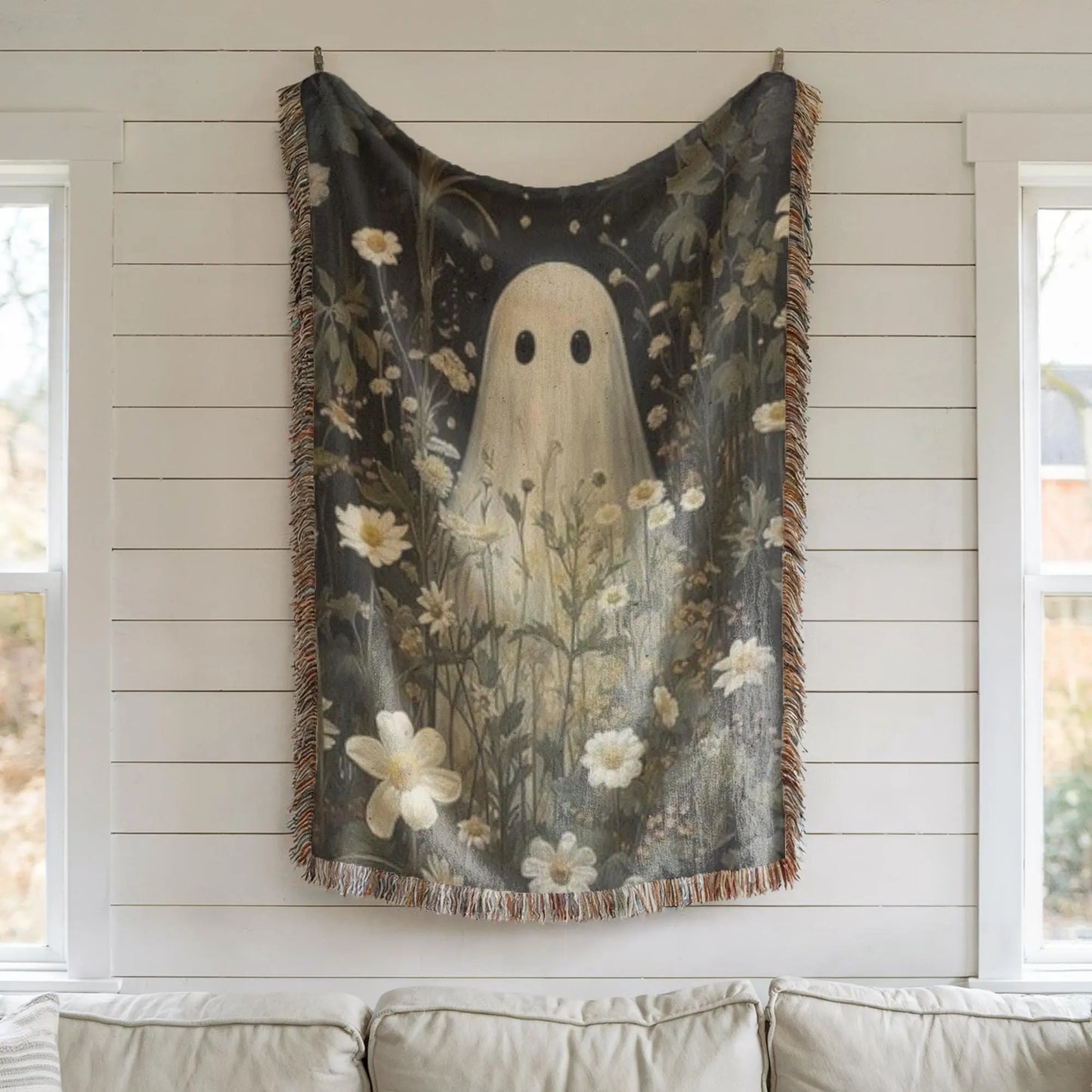 Woven Ghost Tapestry - Boho Gothic Throw With Floral Wildflower Decor