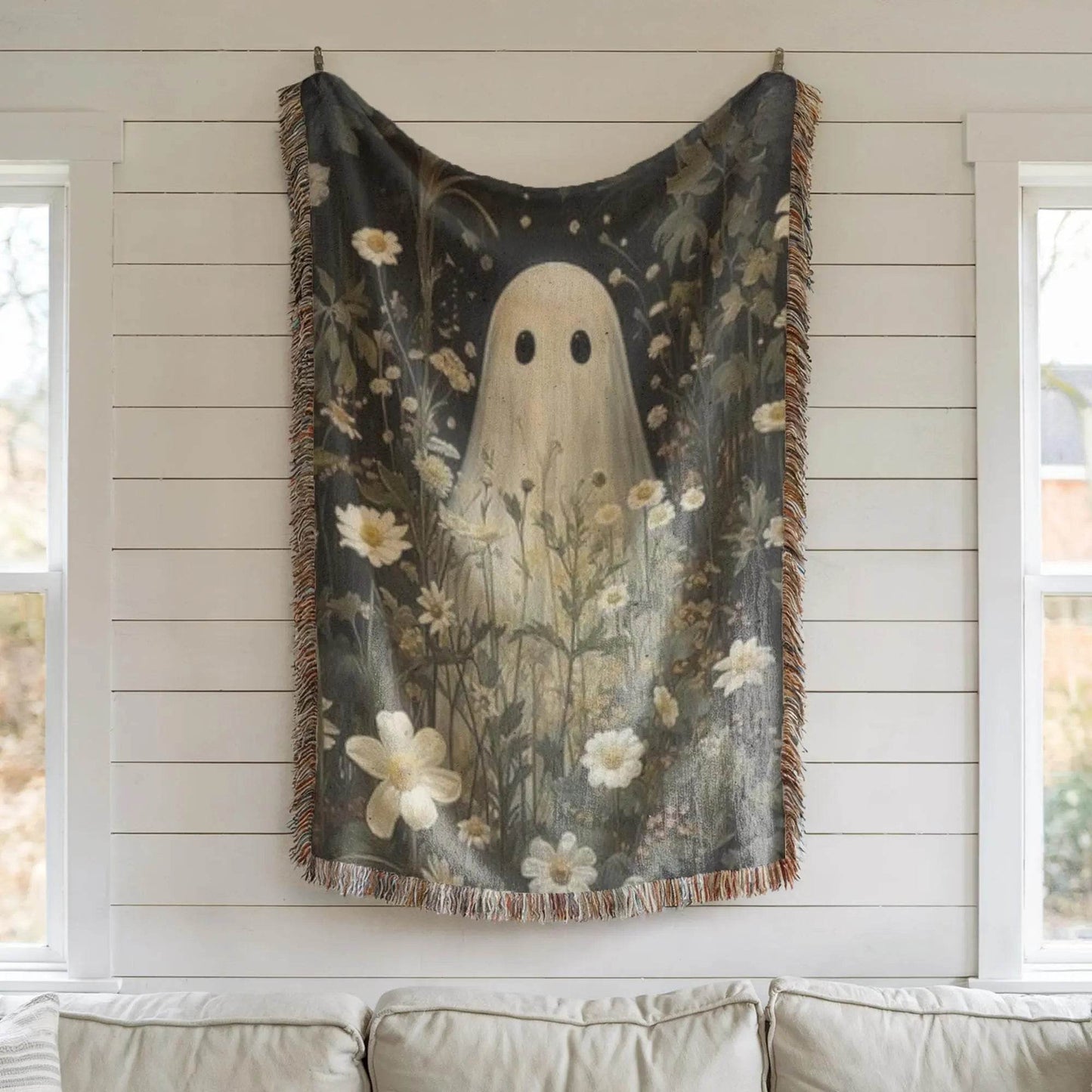Woven Ghost Tapestry - Boho Gothic Throw With Floral Wildflower Decor - timelessbohochic.com