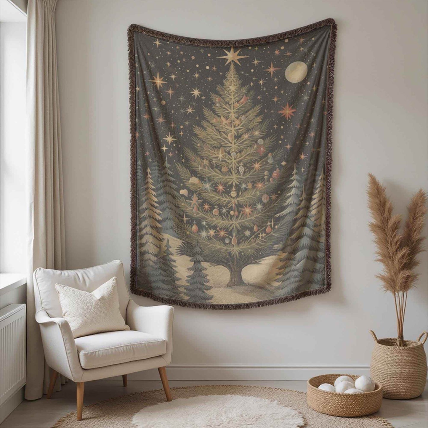 Christmas Tapestry Wall Hanging - Festive Forest Decor Woven Cotton Blanket - timelessbohochic.com