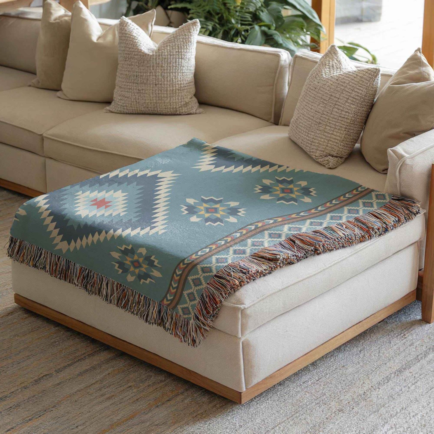 Southwestern Cotton Blanket - Navajo Design Throw With Fringed Edge Blanket - timelessbohochic.com