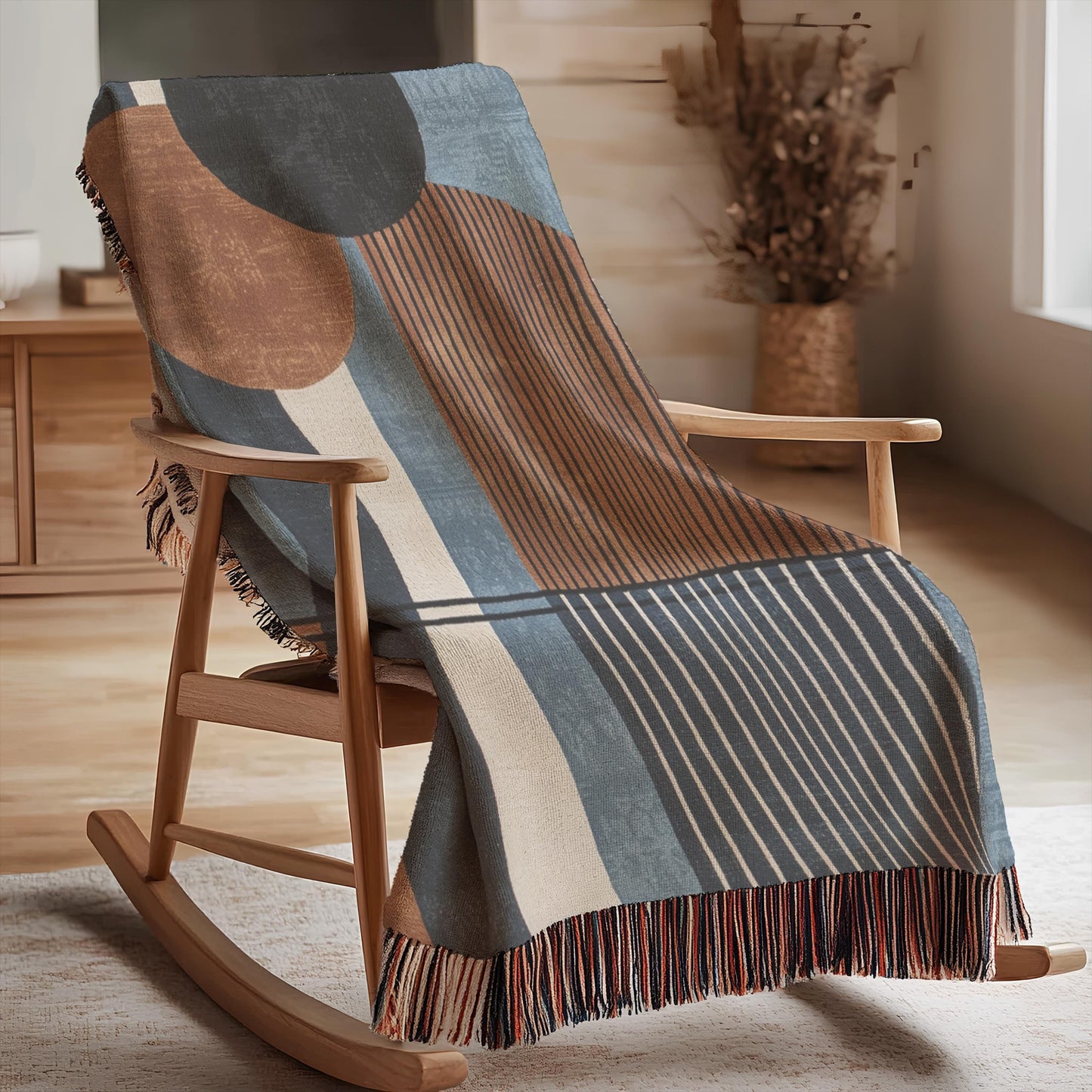 Modern Woven Blanket - Blue Rust Brown Cotton Throw With Colorful Fringed Edges