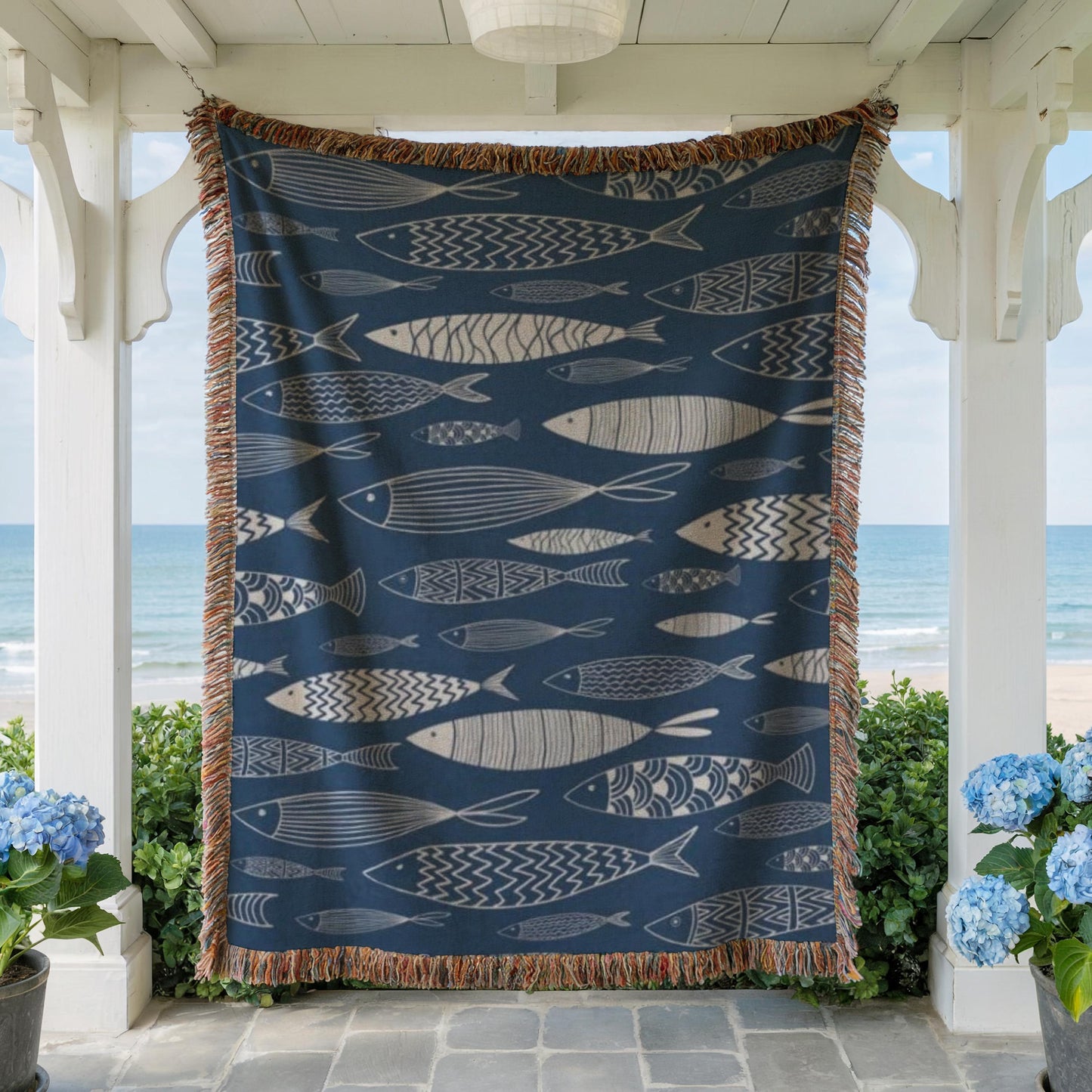 Nautical Blanket – Marine Woven Throw With Striped Fish Design | Coastal Beach Decor