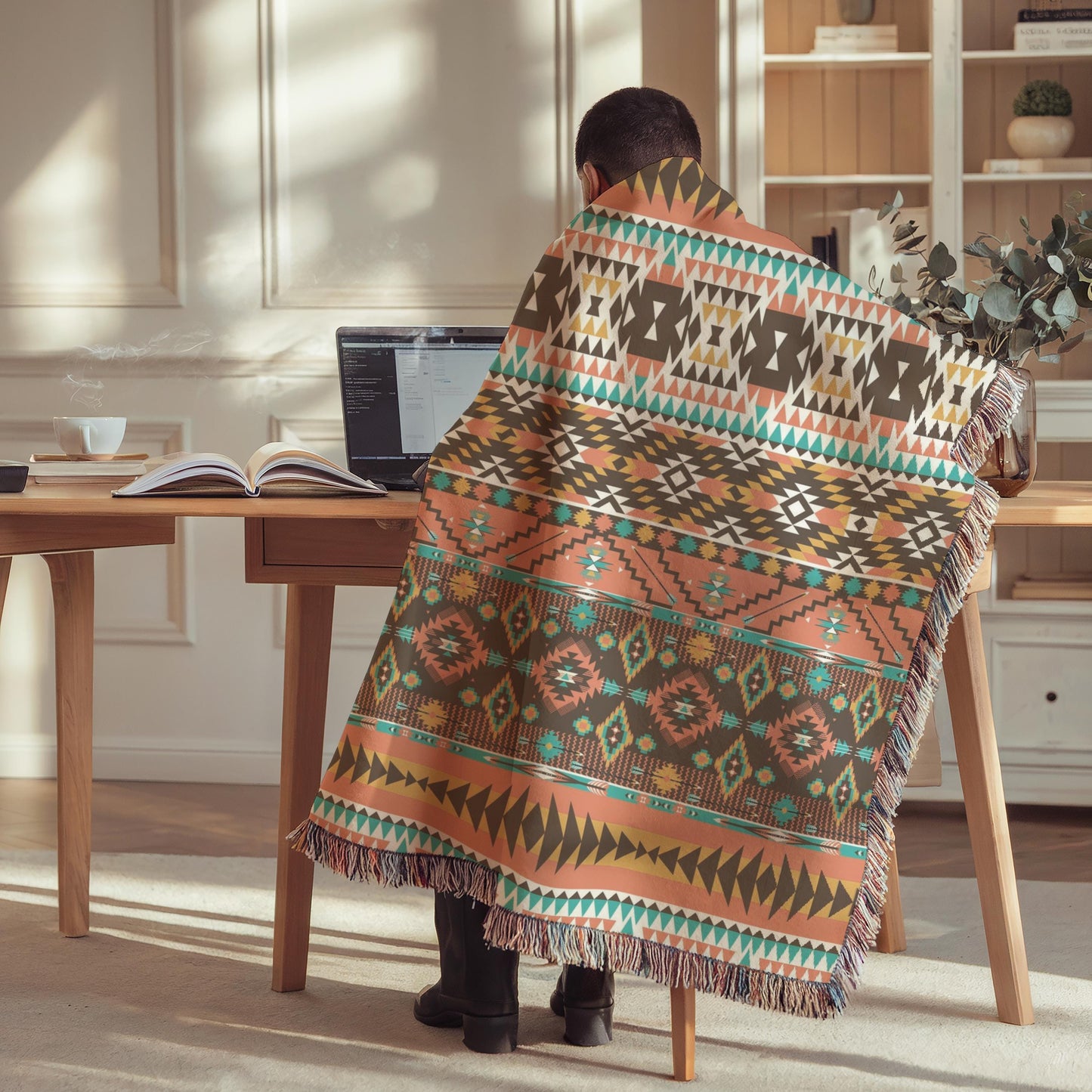 A person is sitting at a desk, wrapped in a colorful, patterned blanket, using a laptop computer.