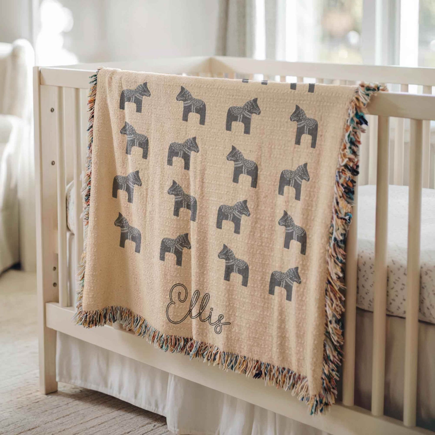Dala Horse Blanket – Personalized Woven Baby Throw With Colorful Fringed Edges - timelessbohochic.com