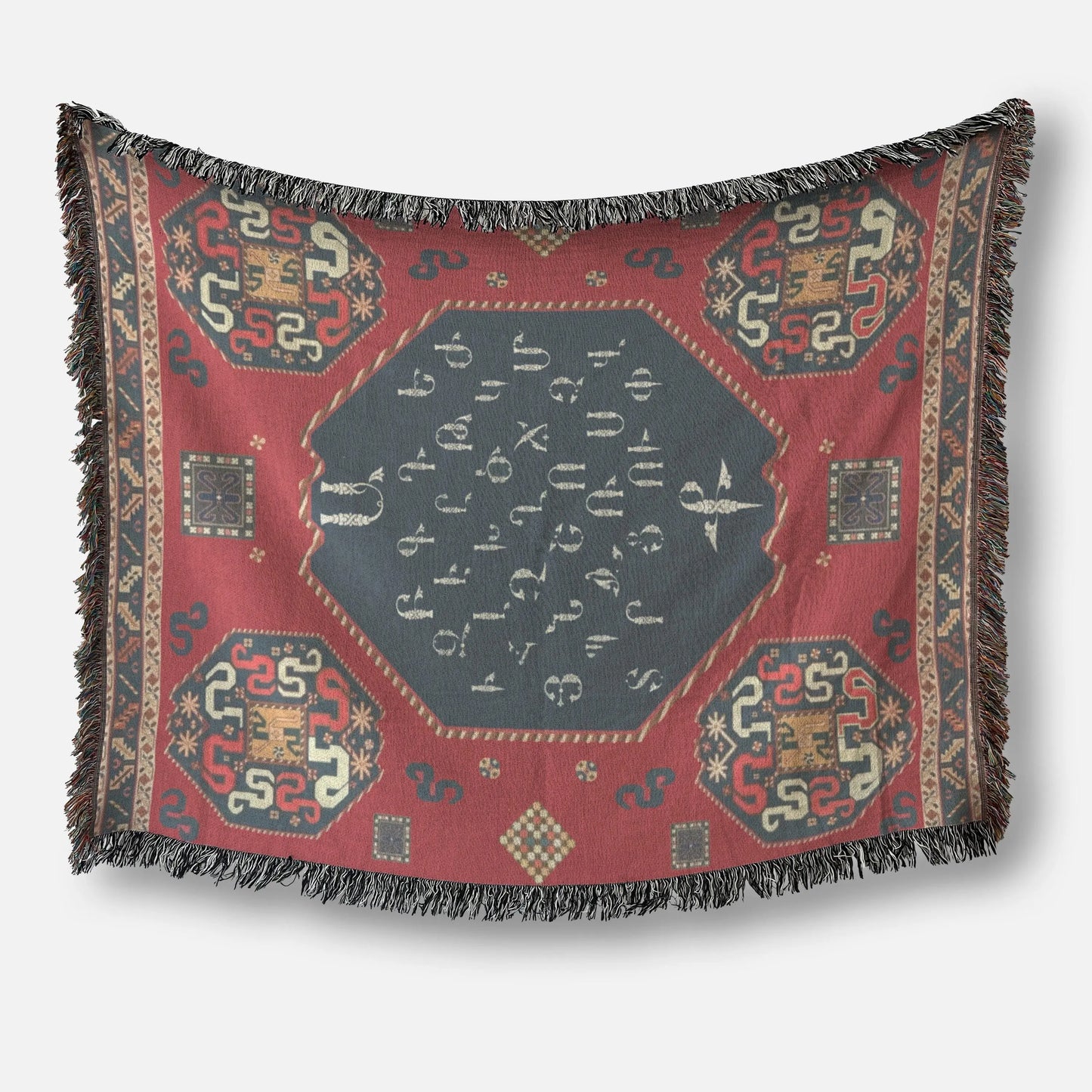 Armenian Alphabet Blanket - Woven Throw Blanket with Fringed Edges, Soft Cotton