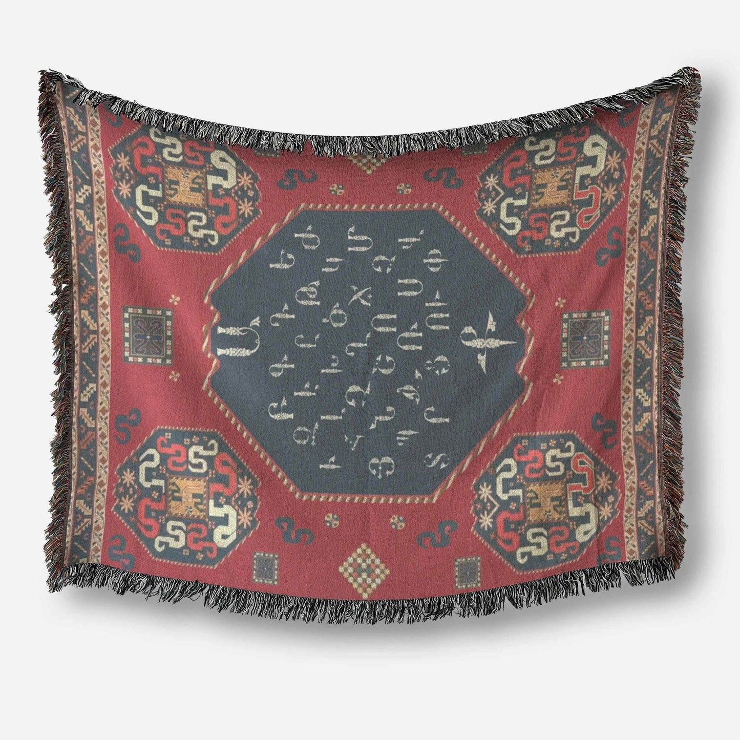 Armenian Alphabet Blanket - Woven Throw Blanket with Fringed Edges, Soft Cotton - timelessbohochic.com