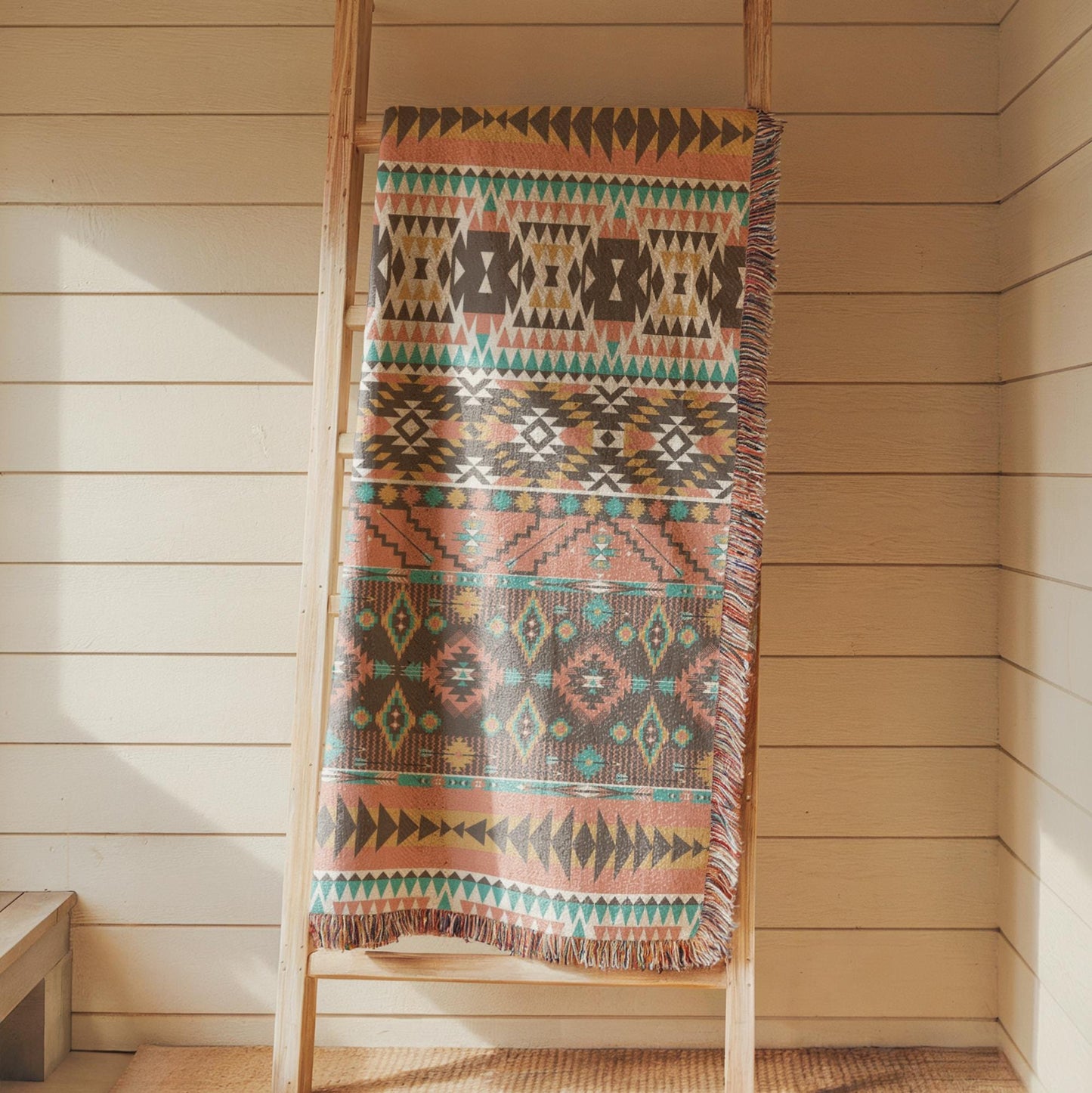 A colorful, patterned rug is displayed on a wooden ladder against a white wall.