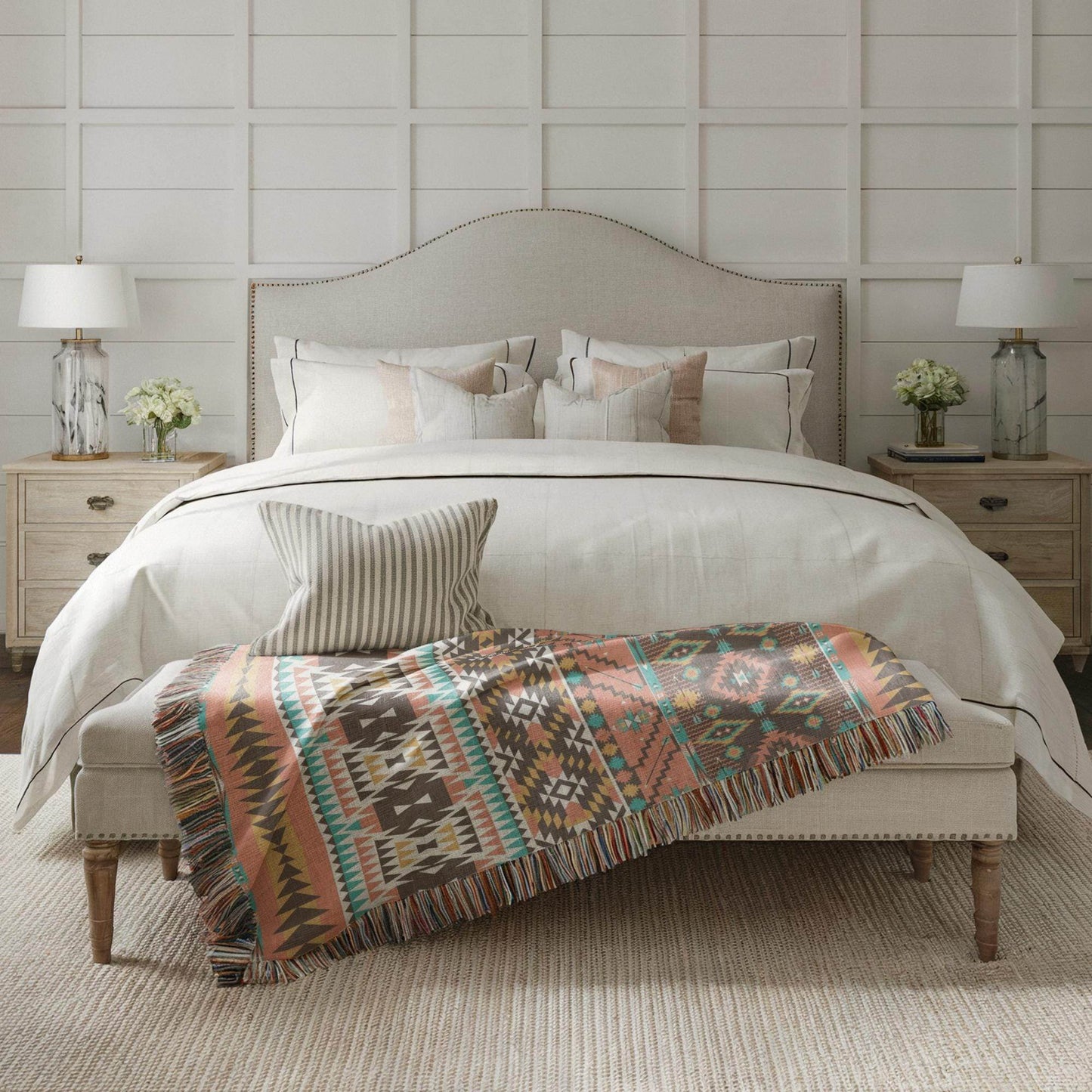 Navajo Pattern Blanket - Southwestern Bed Throw With Colorful Fringed Edges - timelessbohochic.com
