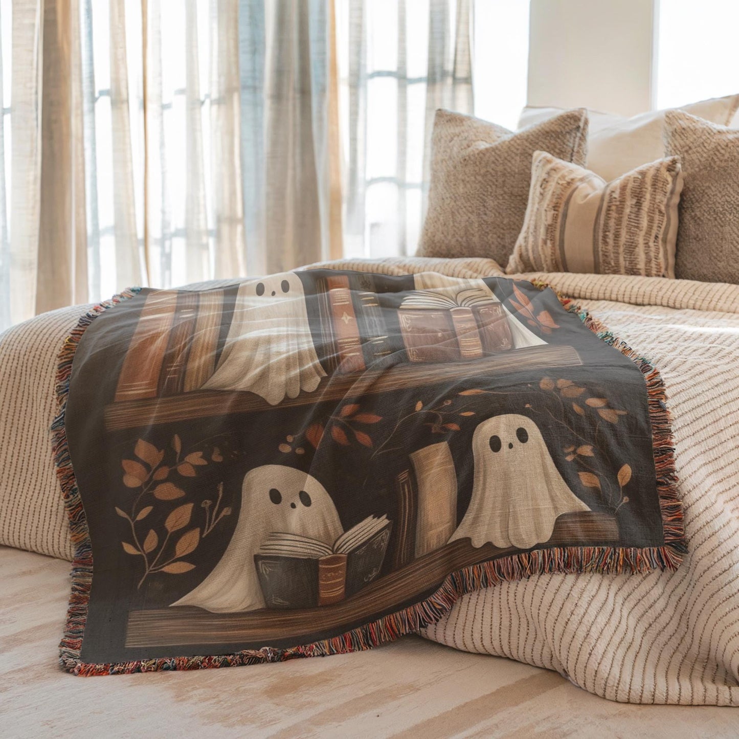 Ghost Blanket Woven Throw – Cozy Cotton Halloween Bedding with Colorful Fringed Edges