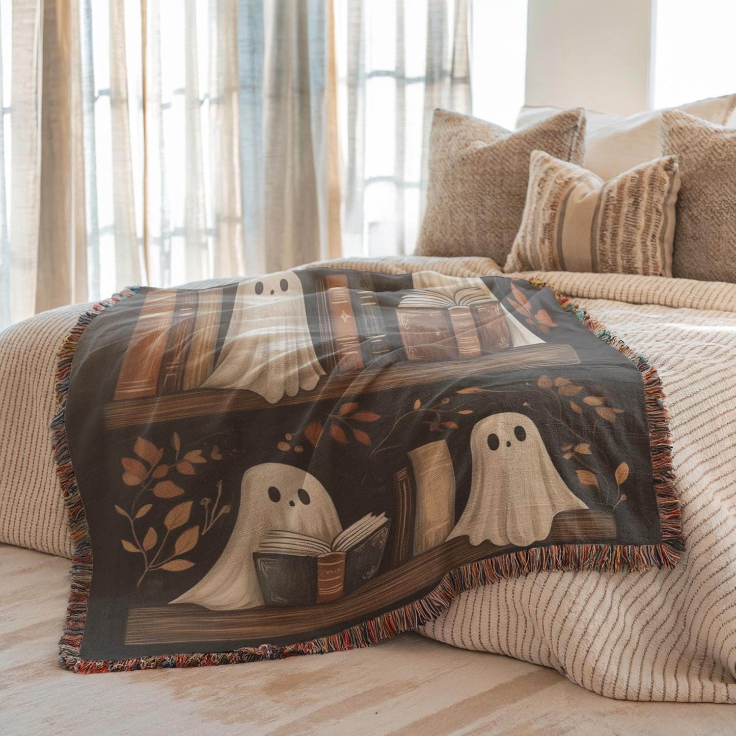 Ghost Blanket Halloween Throw - Cozy Woven Cotton Bedding for Spooky Nights - timelessbohochic.com