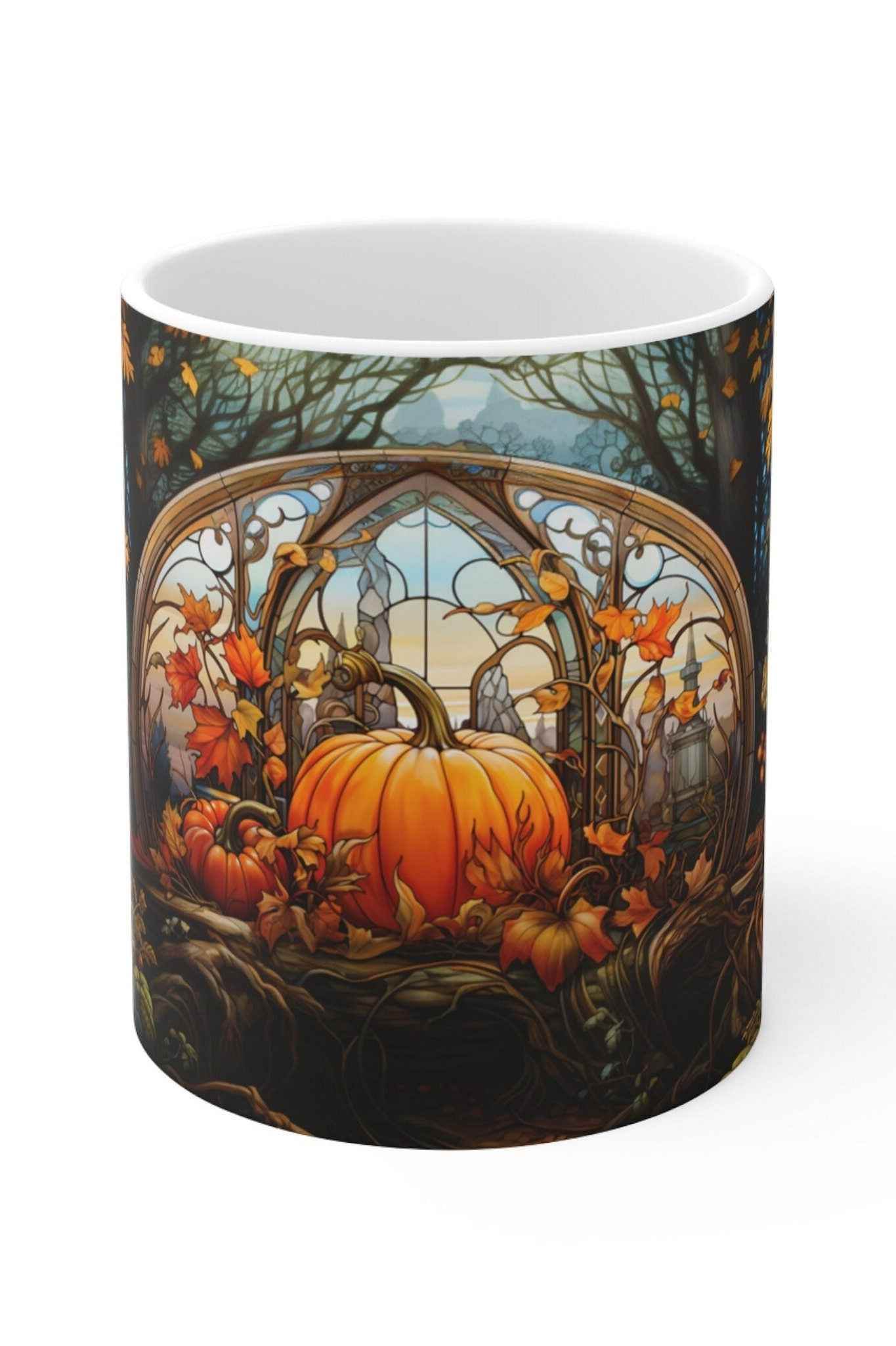 Fall Pumpkin Mug - Personalized Ceramic Mug With Stained Glass Design, 11oz - timelessbohochic.com