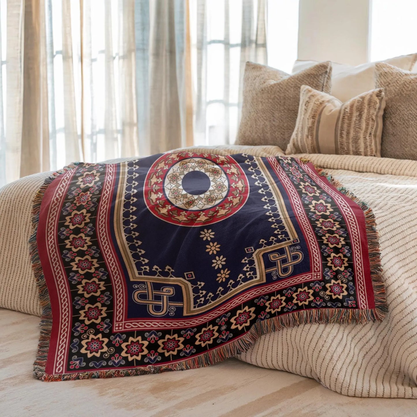 Woven Kilim Throw - Persian Rug Throw With Colorful Fringed Edge Blanket