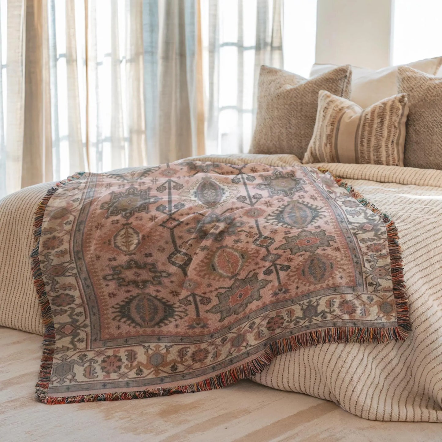 Anatolian Rug Blanket – Boho Decor Throw with Fringed Edge, Cozy Sofa Accent
