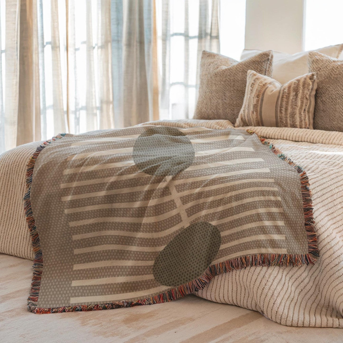 Olive Green Woven Throw - Cozy Blanket With Geometric Lines, Warm Cotton