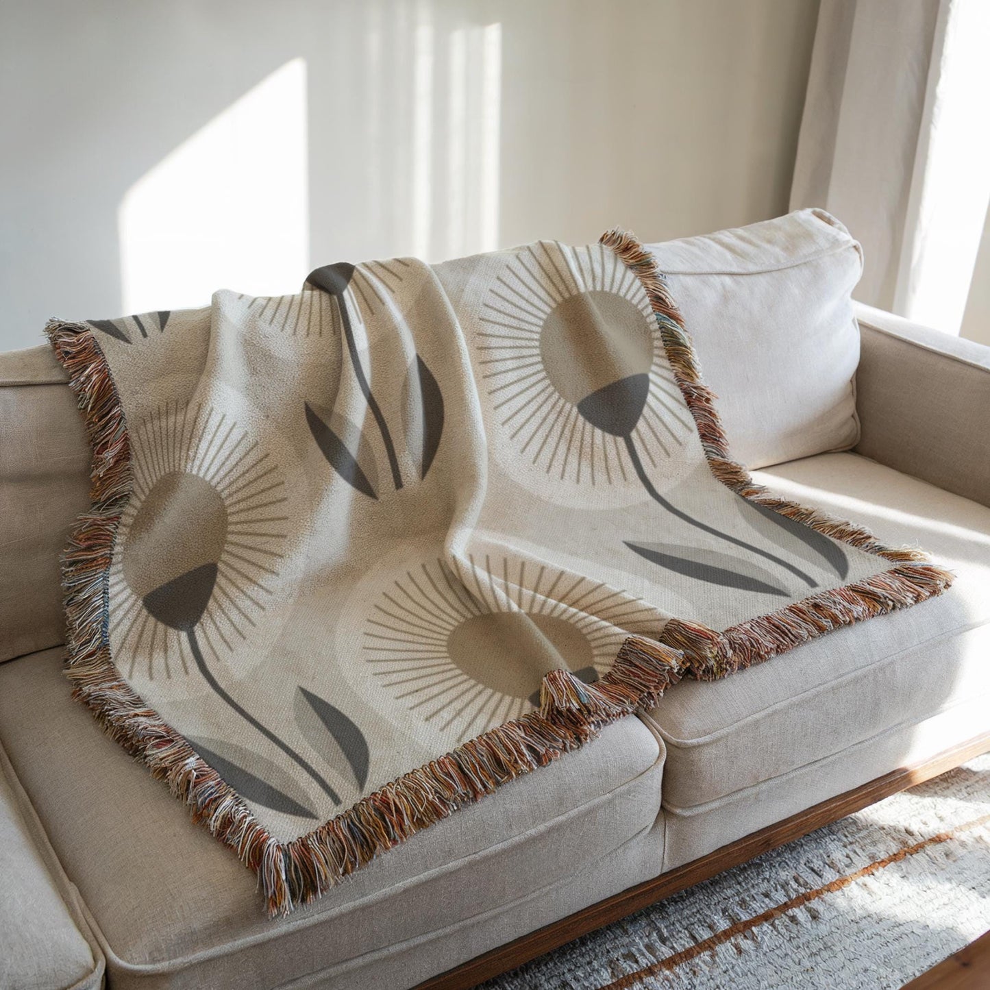 Cotton Woven Blanket - Floral Throw With Textured Fabric & Fringed Edges