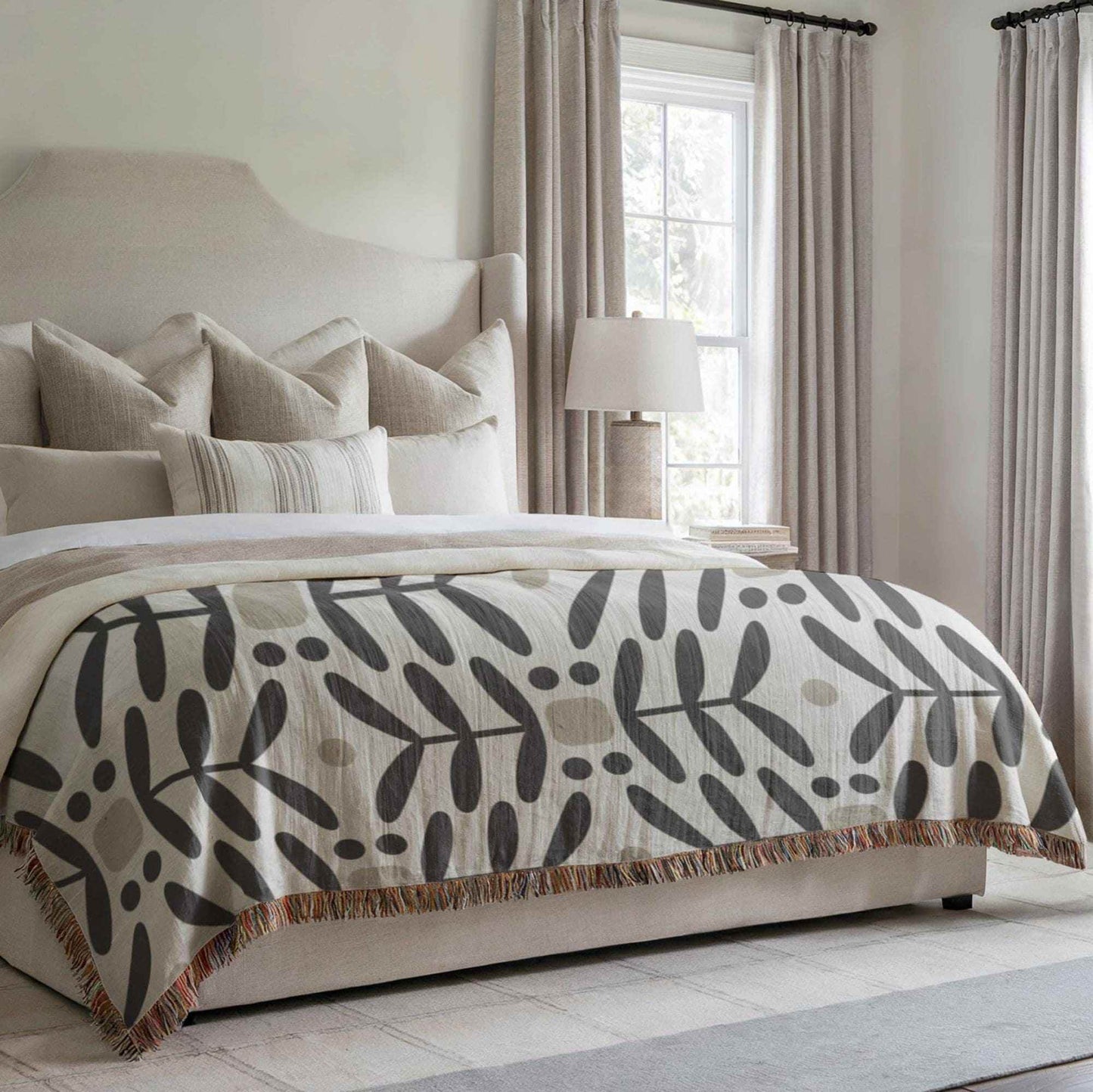 Scandinavian Woven Blanket - Cotton Throw With Textured Floral Design & Fringed Edges - timelessbohochic.com