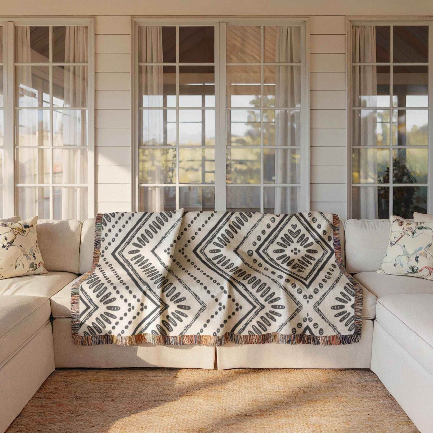 Throw Blanket and Pillow Set – Stylish Woven Cotton Blanket with Ikat Pattern Decor - timelessbohochic.com