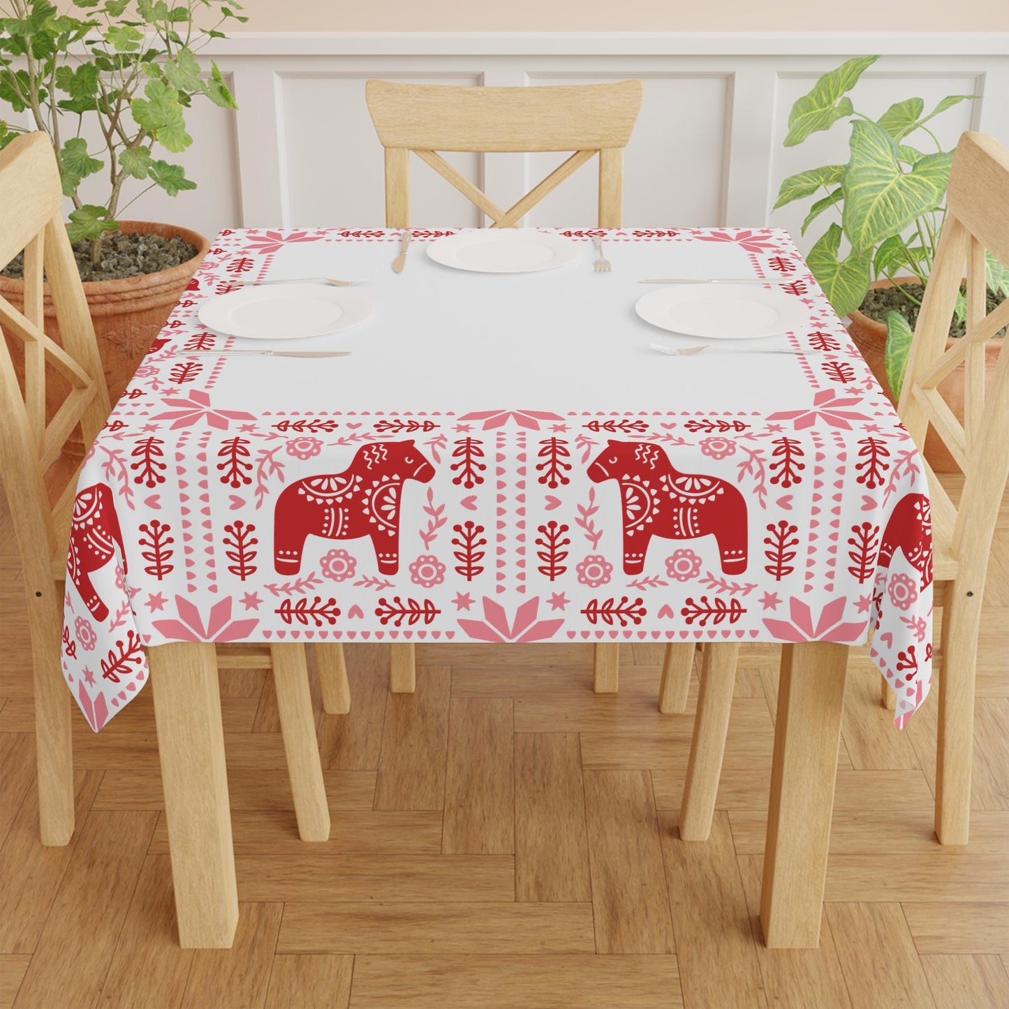 Scandi Dala Horse Tablecloth - Nordic Holiday Table Cover | Cozy Winter Dining Accent