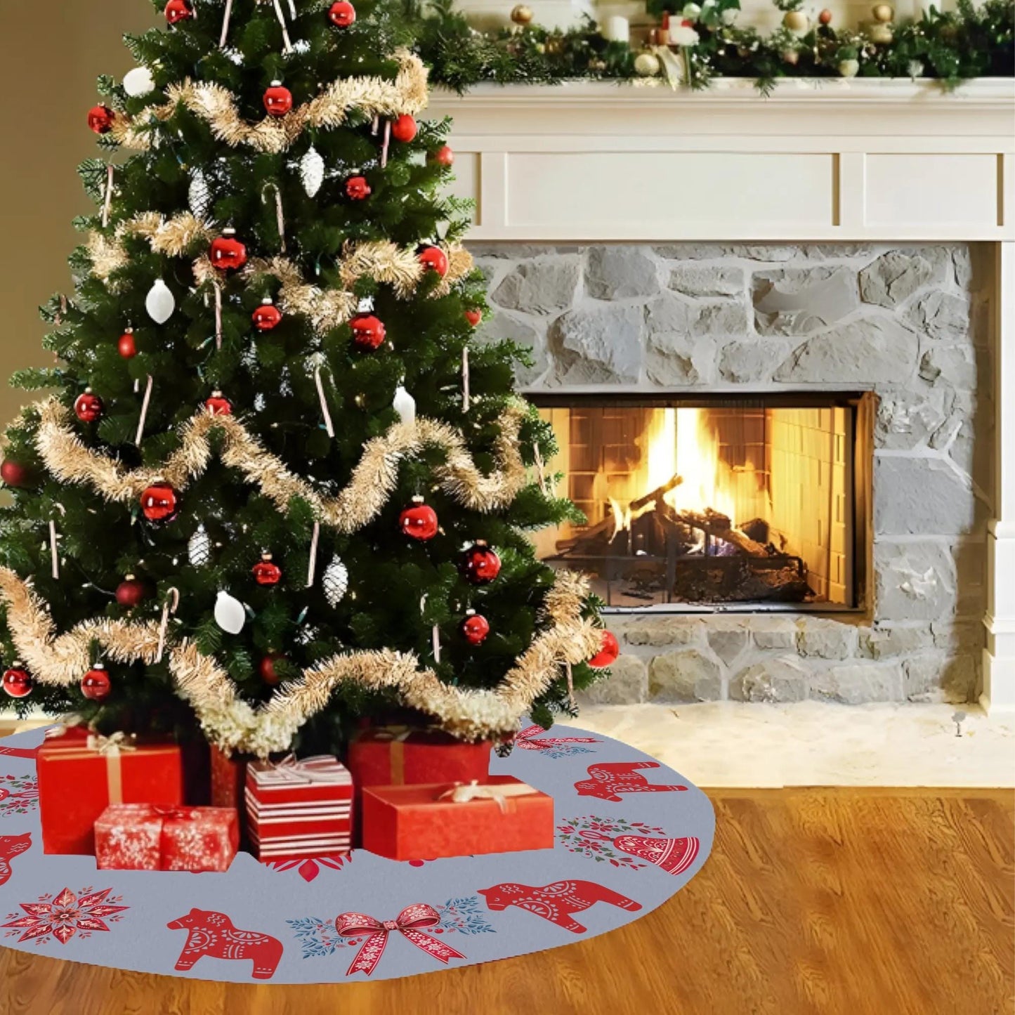 Scandi Christmas Tree Skirt – Nordic Holiday Decor With Dala Horse & Coquette Bow