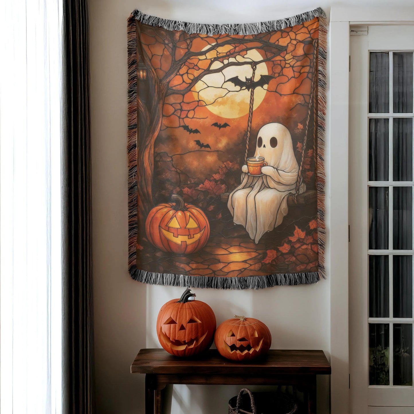 Halloween Throw Blanket - Cozy Woven Cotton Fabric Lap Blanket With Pumpkin Moon Design