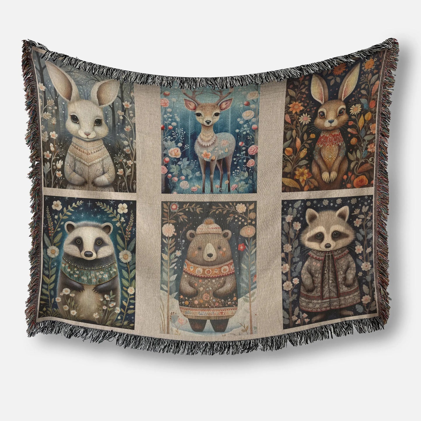 Cotton Woven Quilt – Woodland Animal Throw | Scandi Forest Decor Blanket