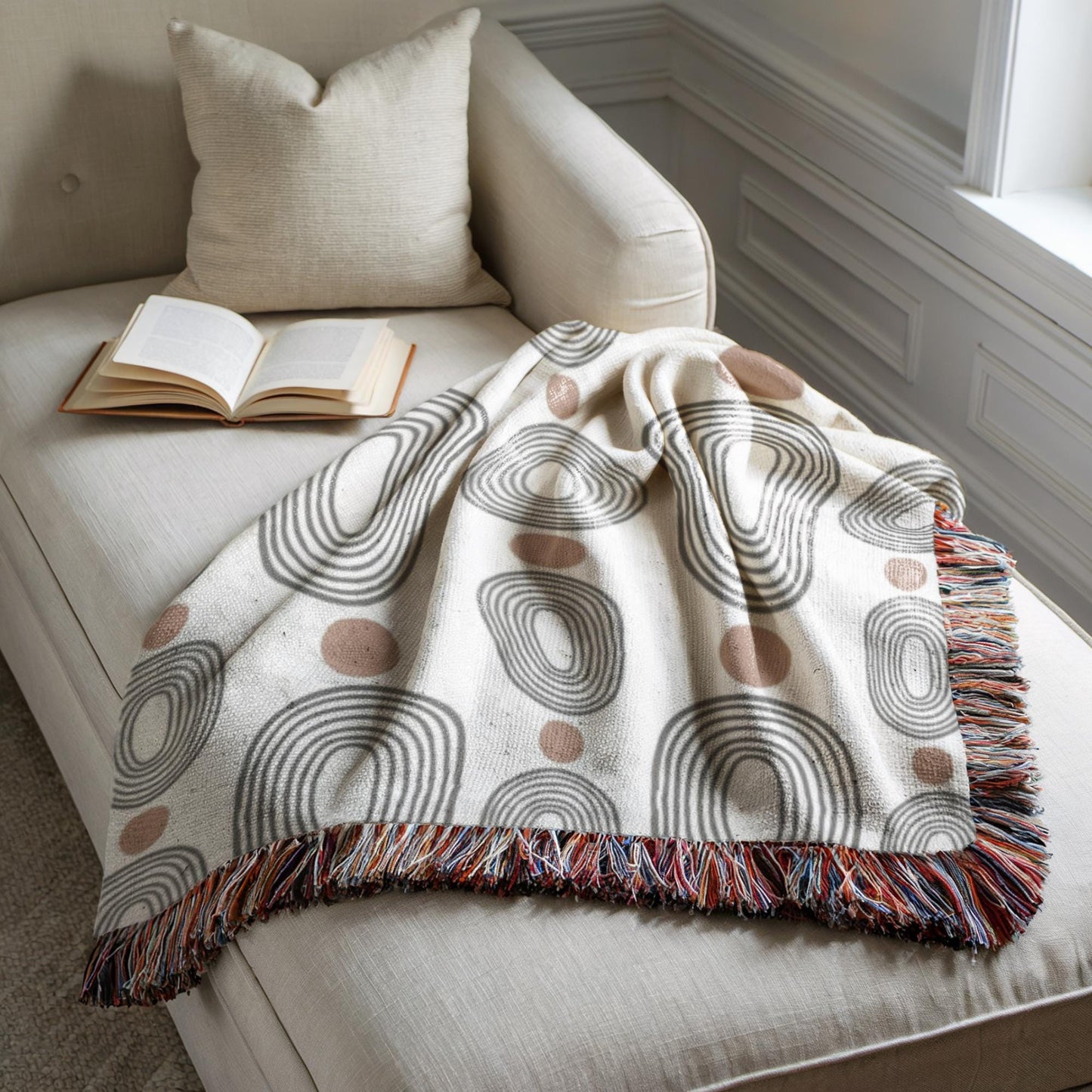 Modern Woven Blanket – Black Ovals Rust Dots | Mid Century Tapestry Throw