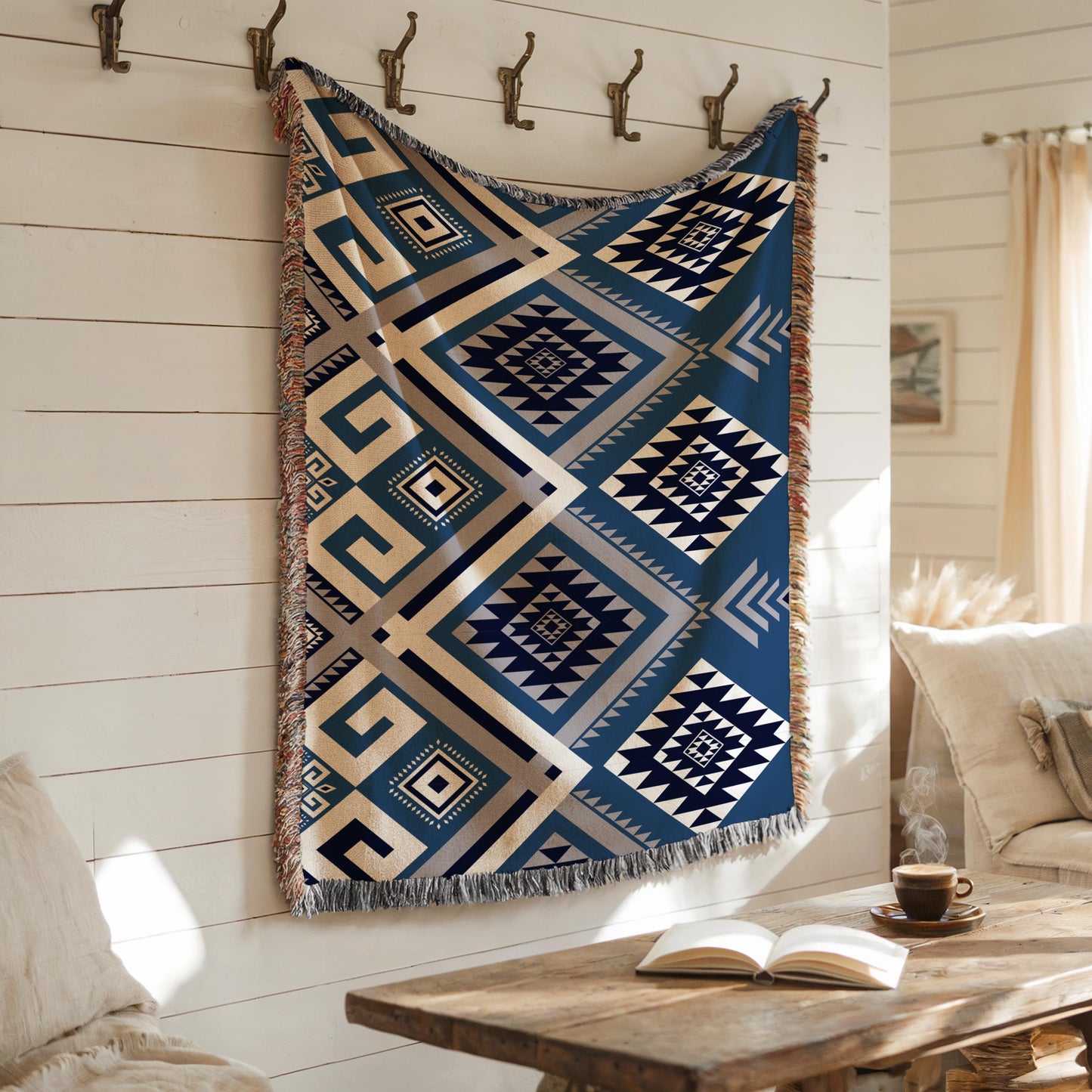 Personalized Wall Hanging - Woven Tapestry With Aztec Pattern Decor & Colorful Fringe Edge