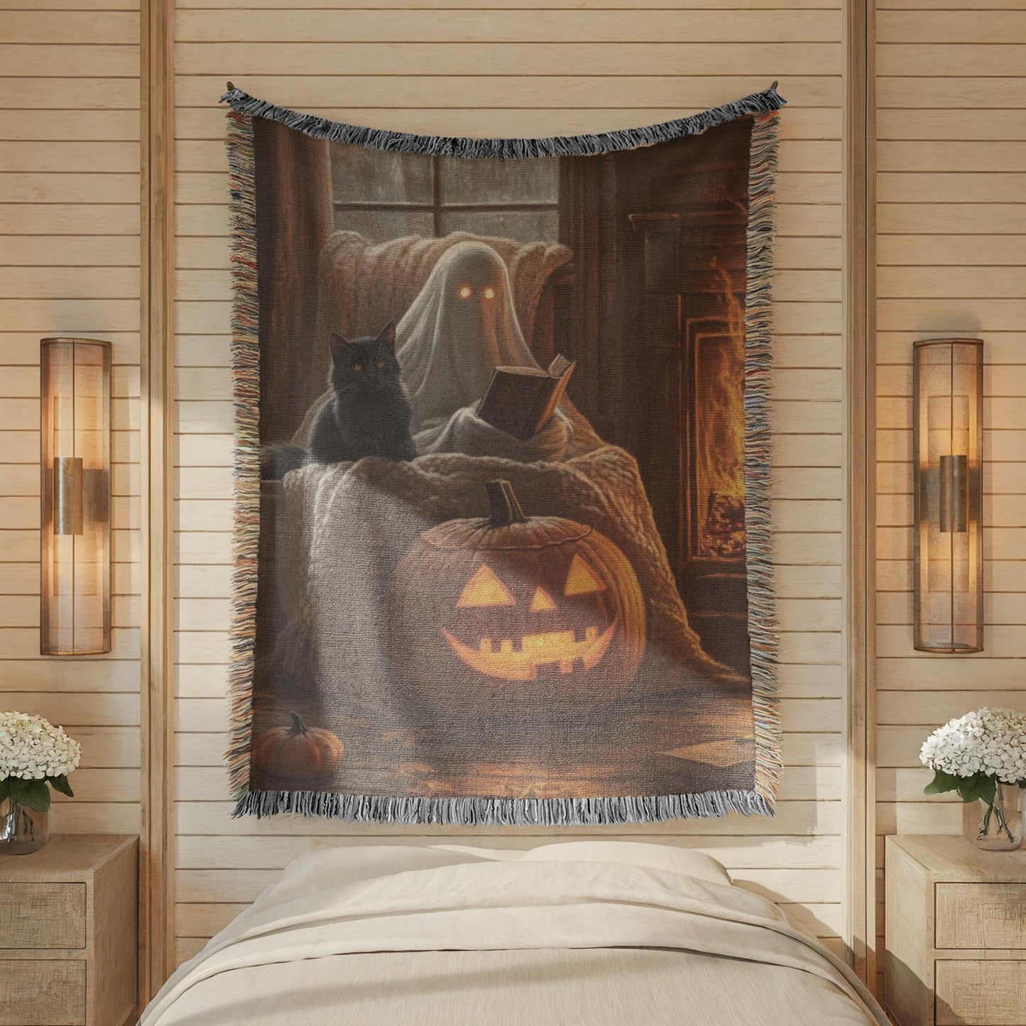 Ghost Woven Blanket – Cozy Fall Cotton Throw with Black Cat Pumpkin Design