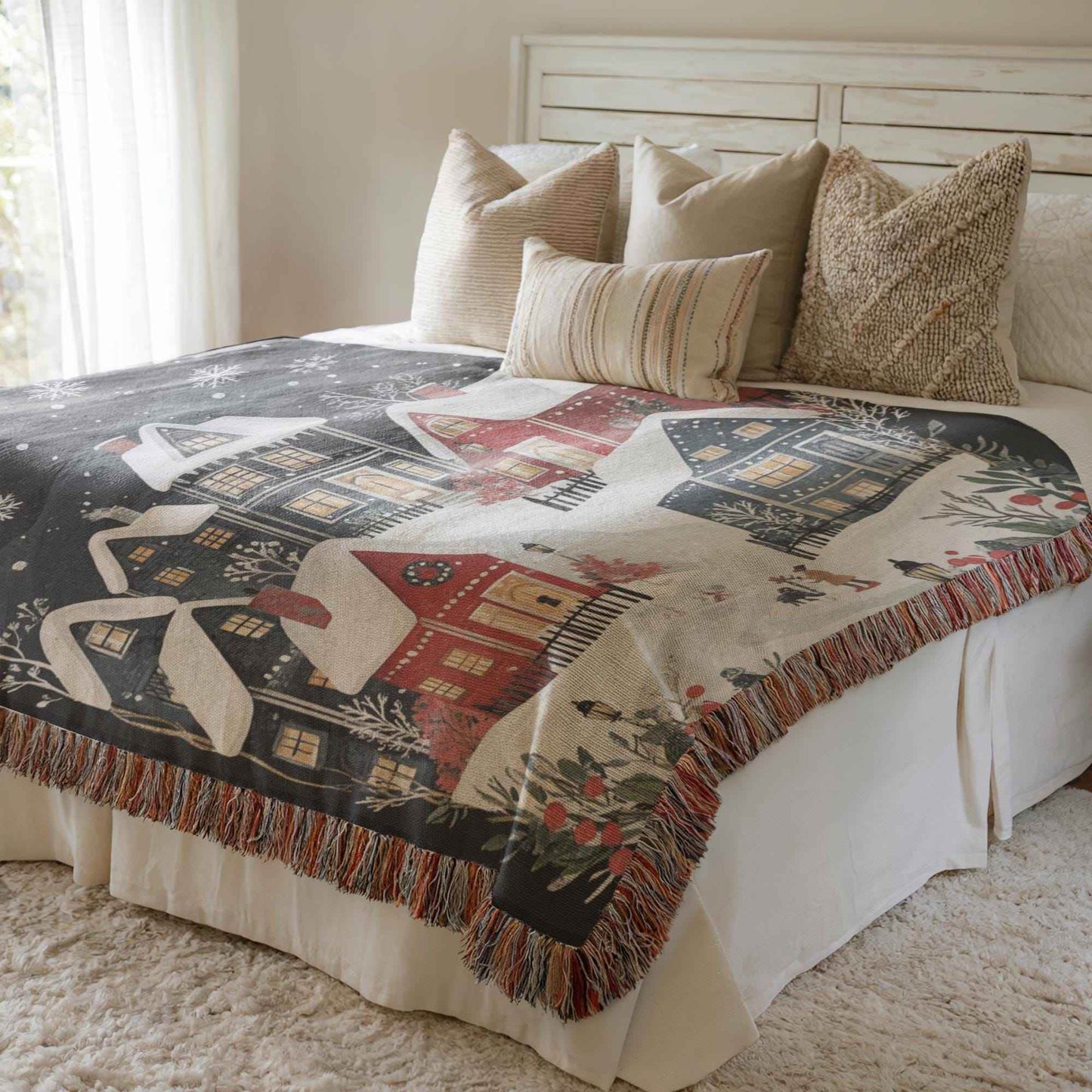 Holiday Cotton Throw - Woven Christmas Village Blanket | Cozy Seasonal Bedroom Accent - timelessbohochic.com