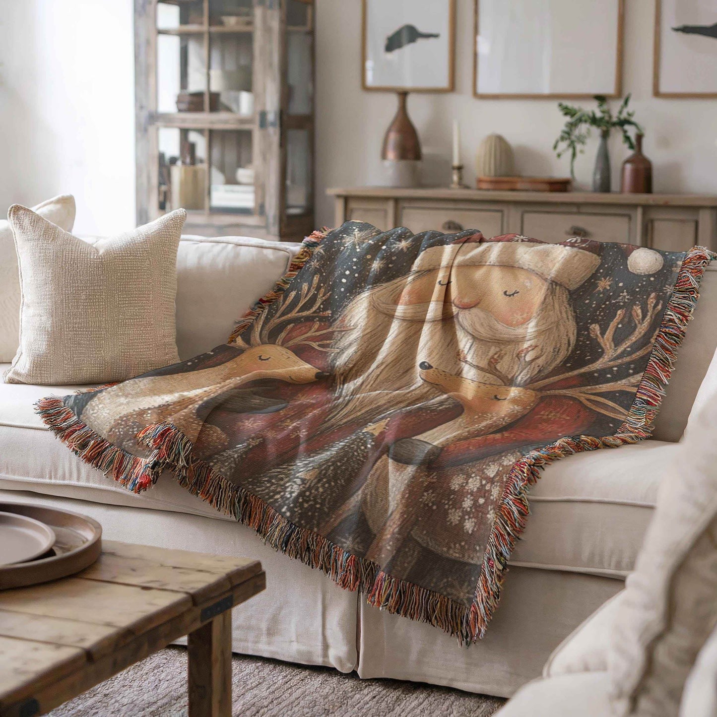 Christmas Woven Blanket – Cozy Cotton Throw with Santa Claus Reindeer Design - timelessbohochic.com