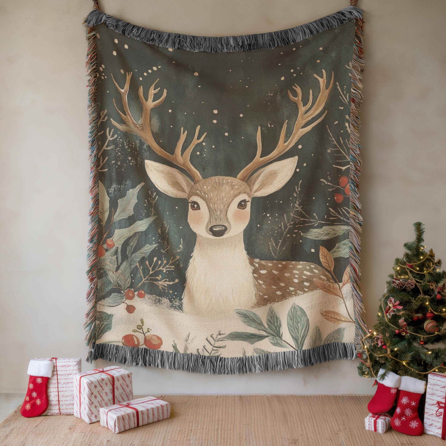 Christmas Tapestry Wall Hanging – Festive Woodland Animal Textile Art with Bambi and Holly - timelessbohochic.com