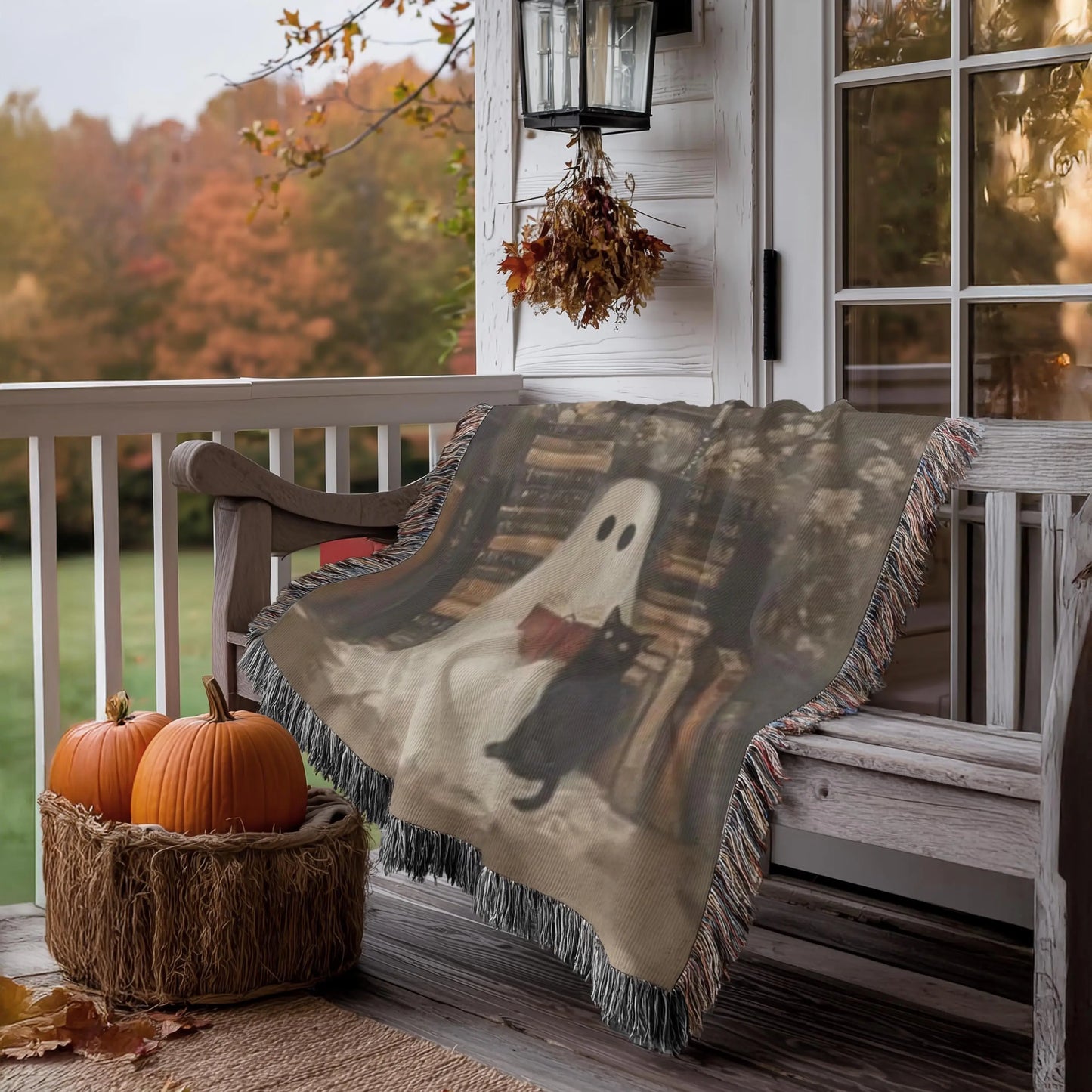 Ghost Book Blanket – Soft Cotton Throw | Cat Cozy Throw | Halloween Home Decor