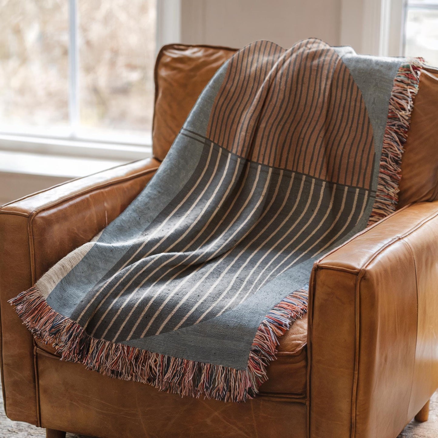 Woven Cotton Blanket - Modern MCM Blue Rust Brown Throw with Colorful Fringed Edges