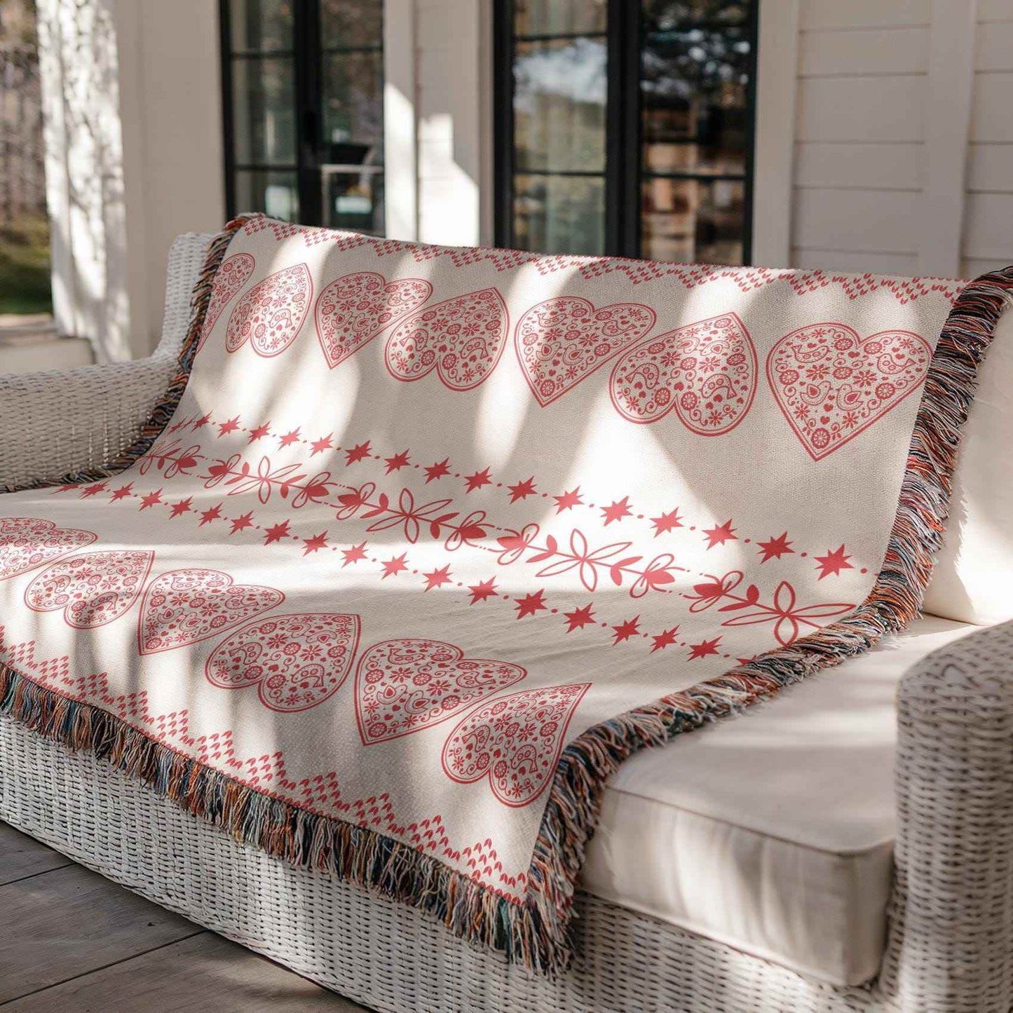 Cotton Woven Blanket – Scandinavian Throw with Red Hearts & Star Pattern Cozy Sofa Throw - timelessbohochic.com
