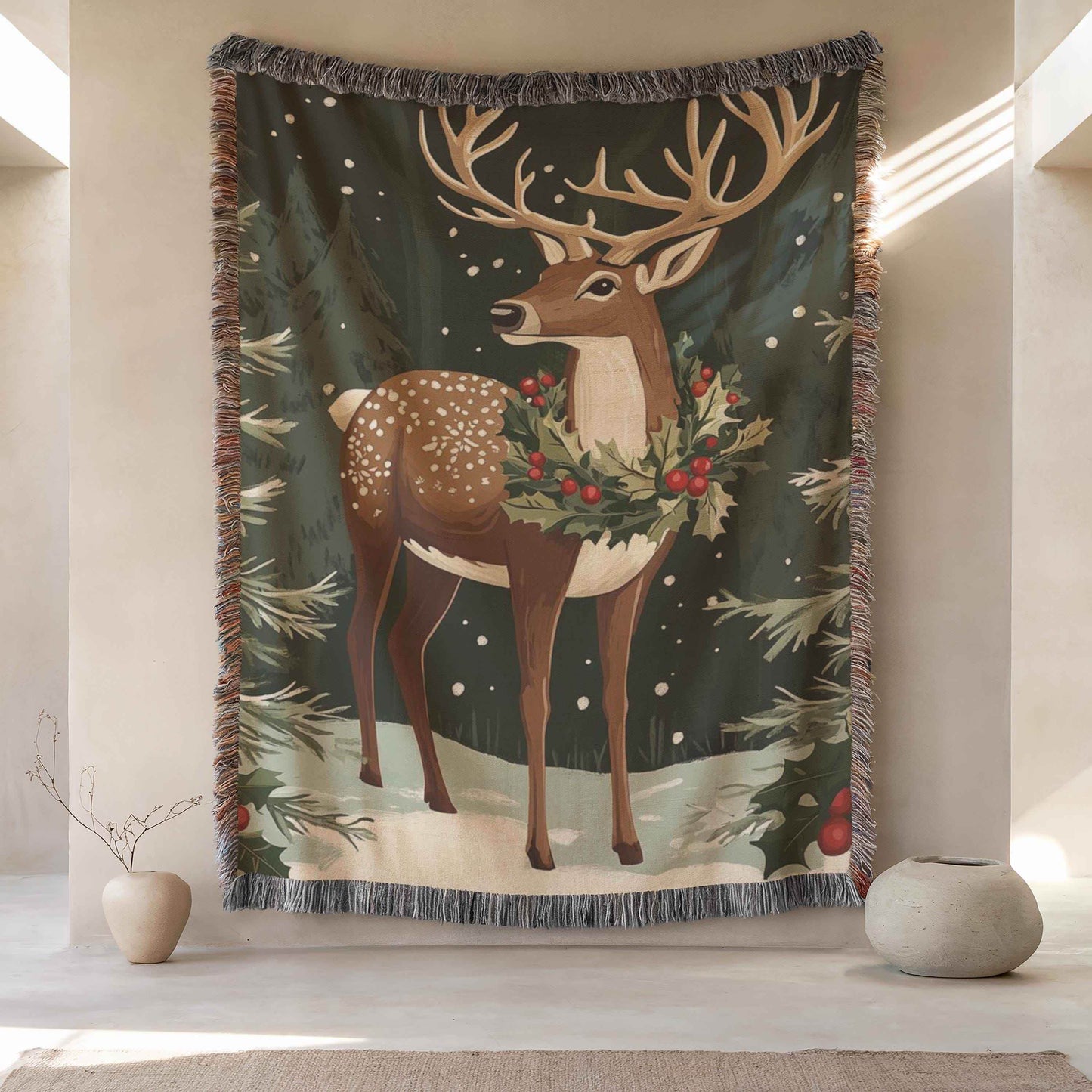 Reindeer Wall Hanging - Large Forest Animal Tapestry | Cozy Cotton Holiday Decor - timelessbohochic.com