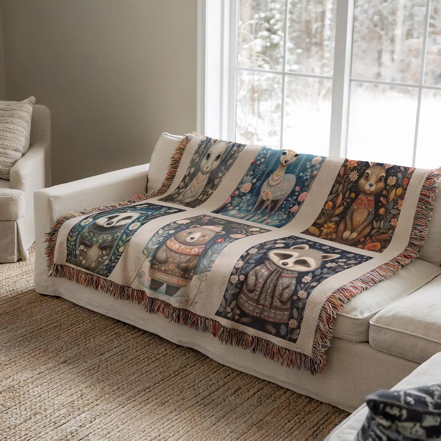 Cotton Woven Quilt – Woodland Animal Throw | Scandi Forest Decor Blanket