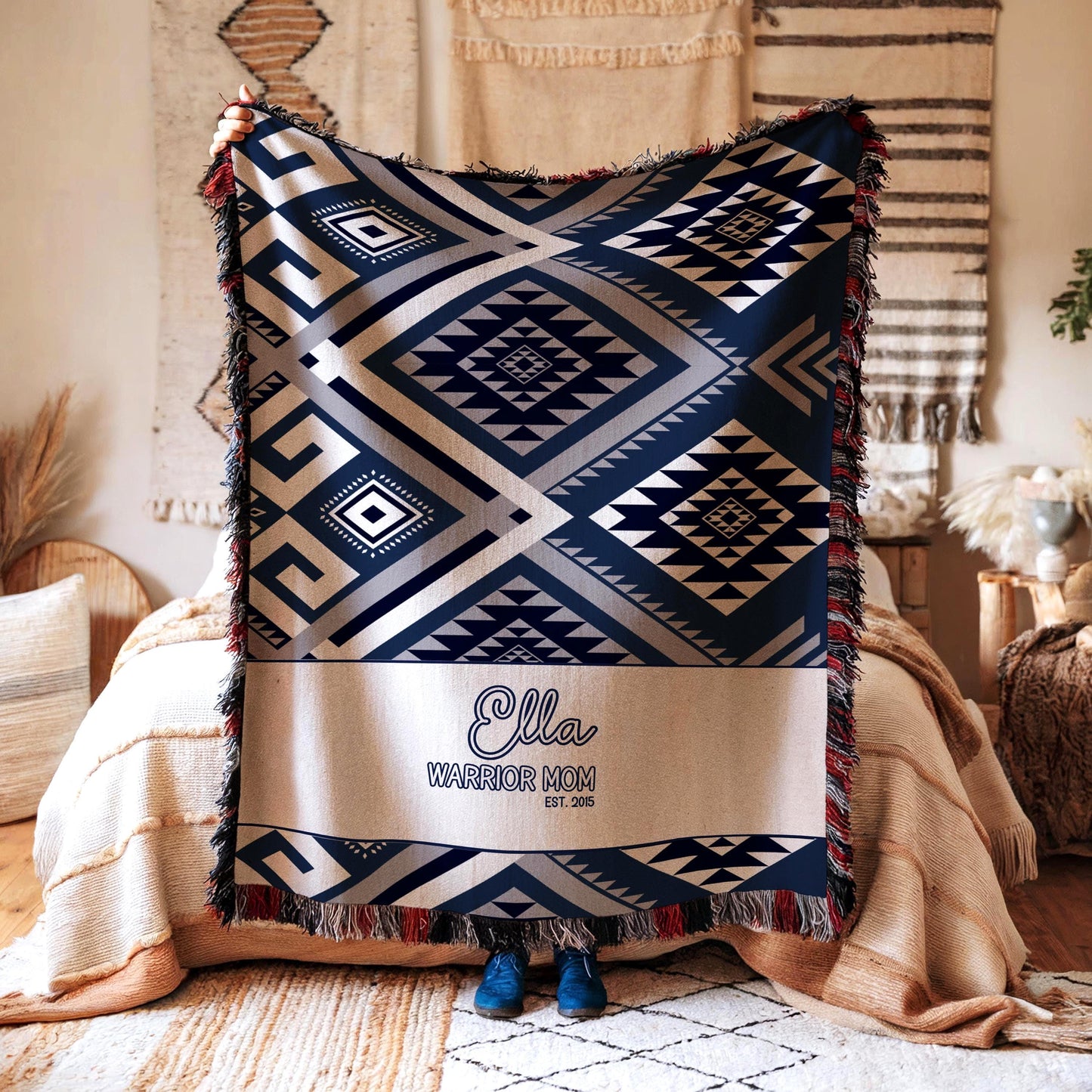 Woven Aztec Blanket - Soft Cotton Throw With Tribal Geometric Design & Colorful Fringe