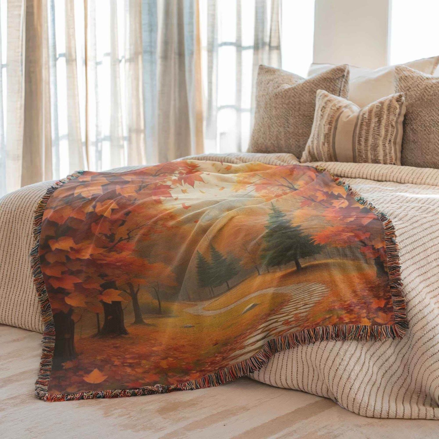 Cotton Throw Blanket – Cozy Fall Blanket with Autumn Leaves Pattern & Fringed Edges - timelessbohochic.com