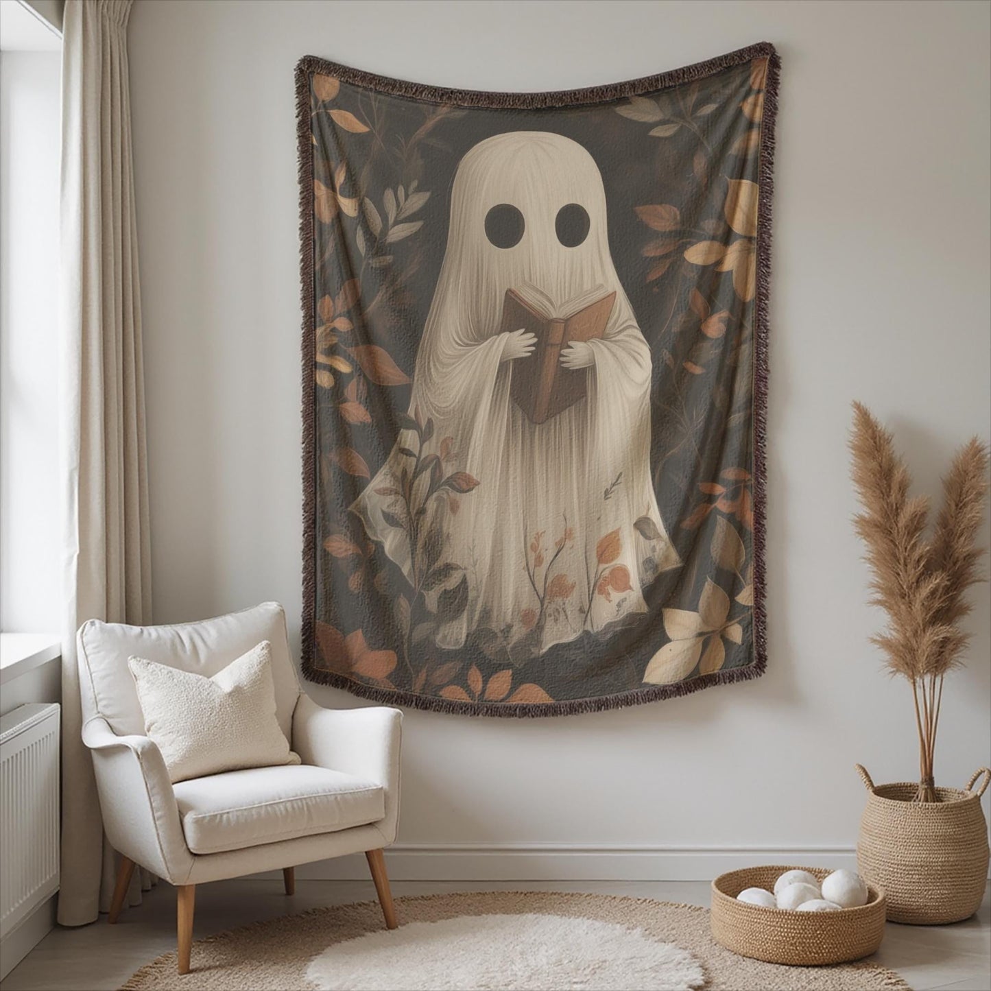 Cute Ghost Tapestry – Cozy Cotton Throw With Reading Ghost Design & Fringed Edge