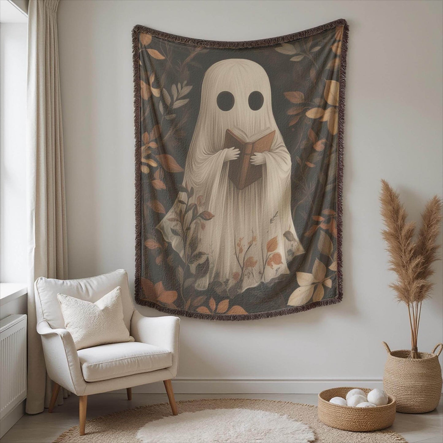 Cute Ghost Tapestry - Cozy Cotton Throw Featuring Adorable Reading Ghost Design - timelessbohochic.com