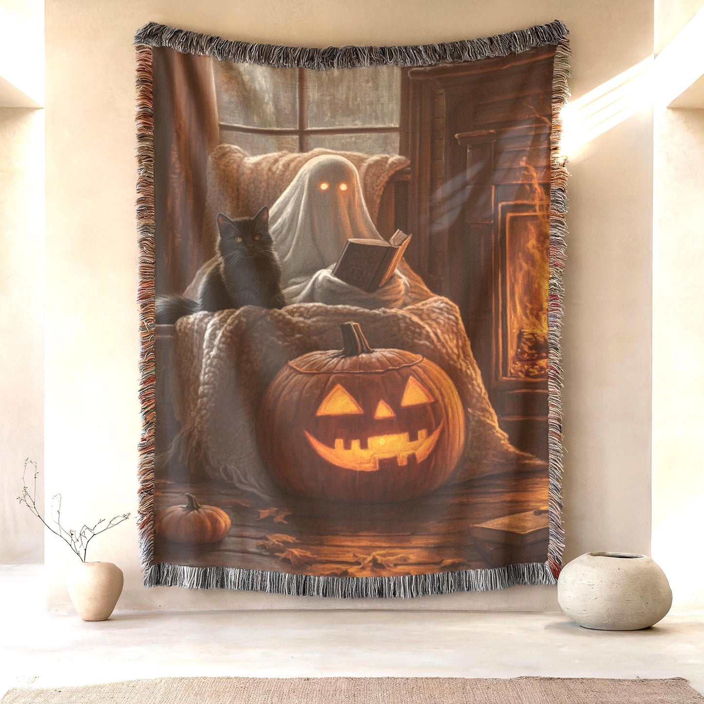 Halloween Wall Decor - Cozy Ghost Wall Hanging With Black Cat Pumpkin Art