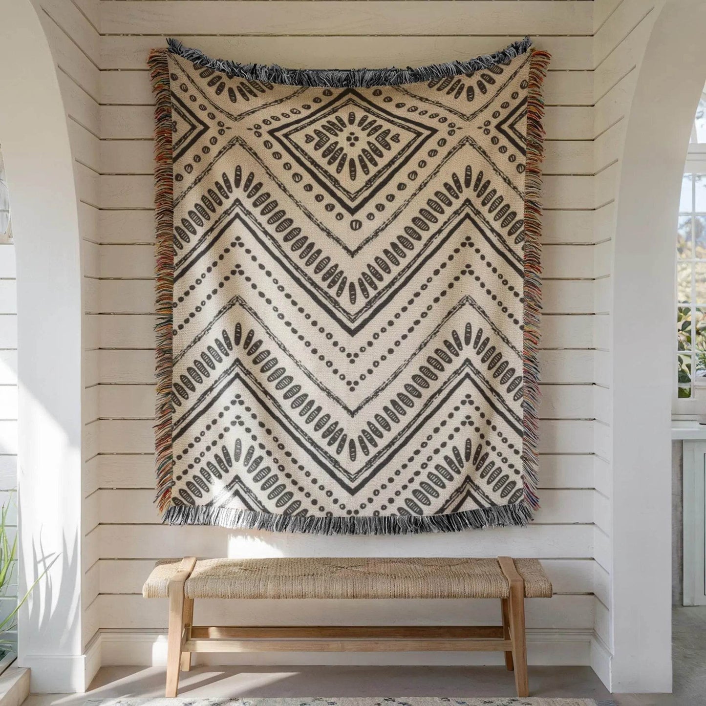 Woven Cotton Throw Blanket - Black White Tribal Ikat | Minimalist Geometric Decor - timelessbohochic.com