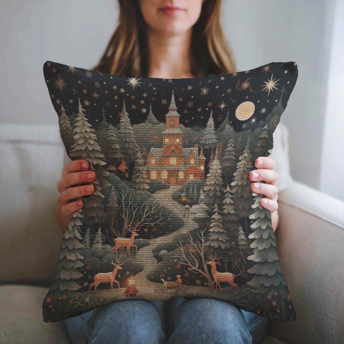 Folk Art Pillow Woven Throw Holiday Decor Cushion – Winter Castle Christmas Tree - timelessbohochic.com