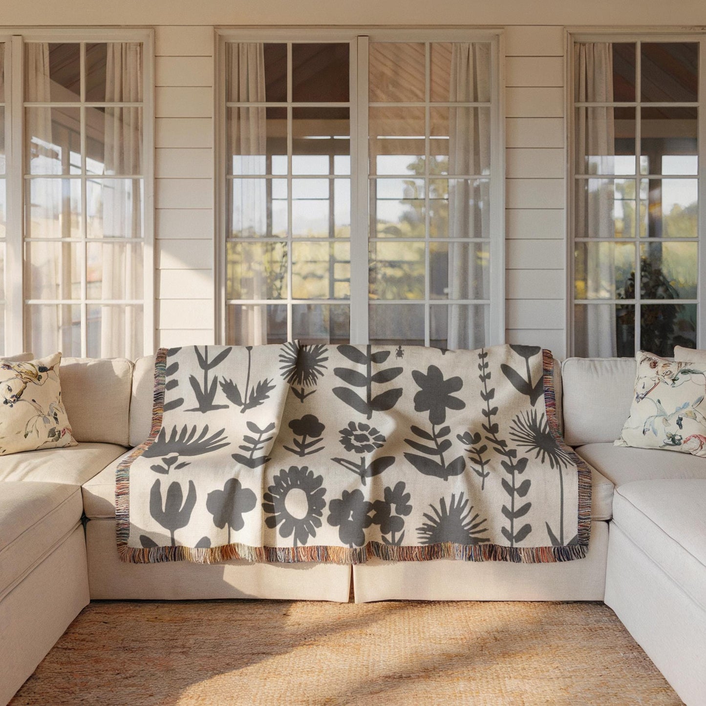 Wildflowers Meadow Throw - Cozy Cotton Blanket With Botanical Print & Colorful Fringed Edges