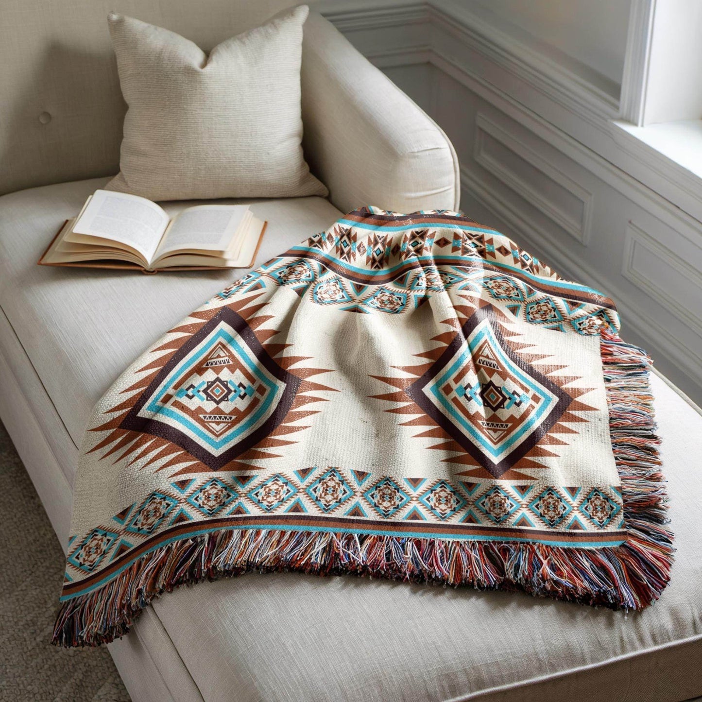 Southwest Native American Blanket - Cotton Woven Throw With Rustic Navajo Print - timelessbohochic.com